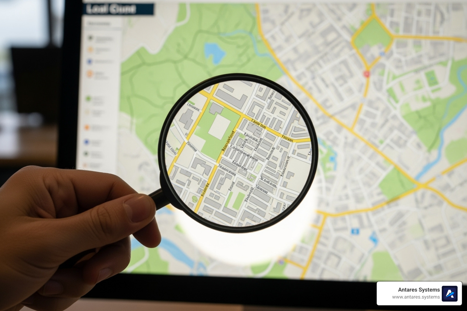 magnifying glass over a local map on a computer screen - seo for small business
