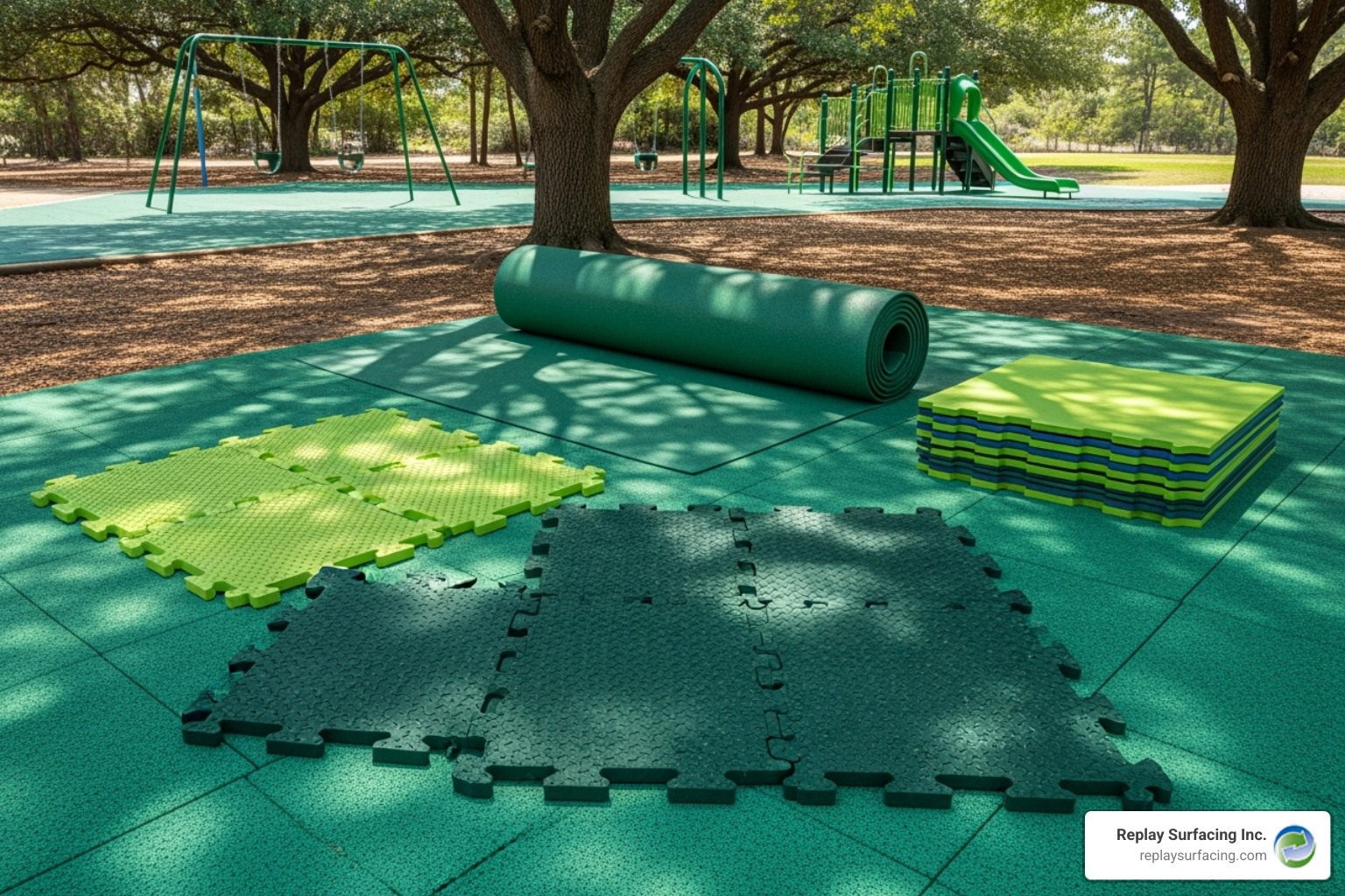 Different types of mats: interlocking tiles, a large roll, and beveled edge mats - green playground mats Different types of mats: interlocking tiles, a large roll, and beveled edge mats - green playground mats