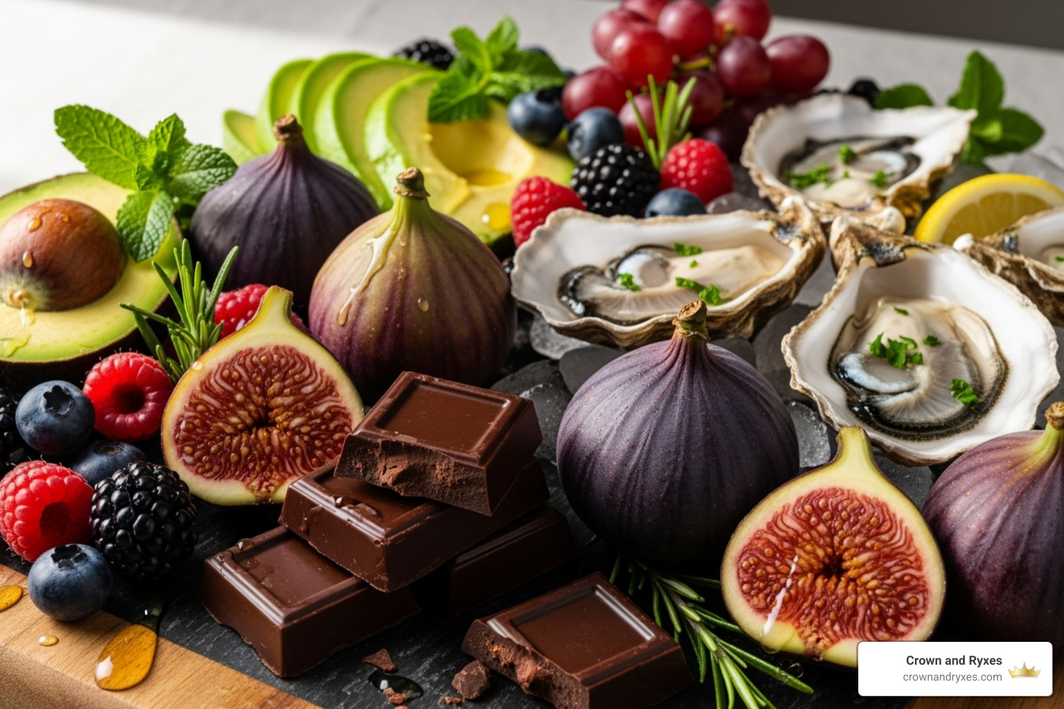 of a variety of healthy, colorful foods like dark chocolate, oysters, and figs - Improve sexual pleasure