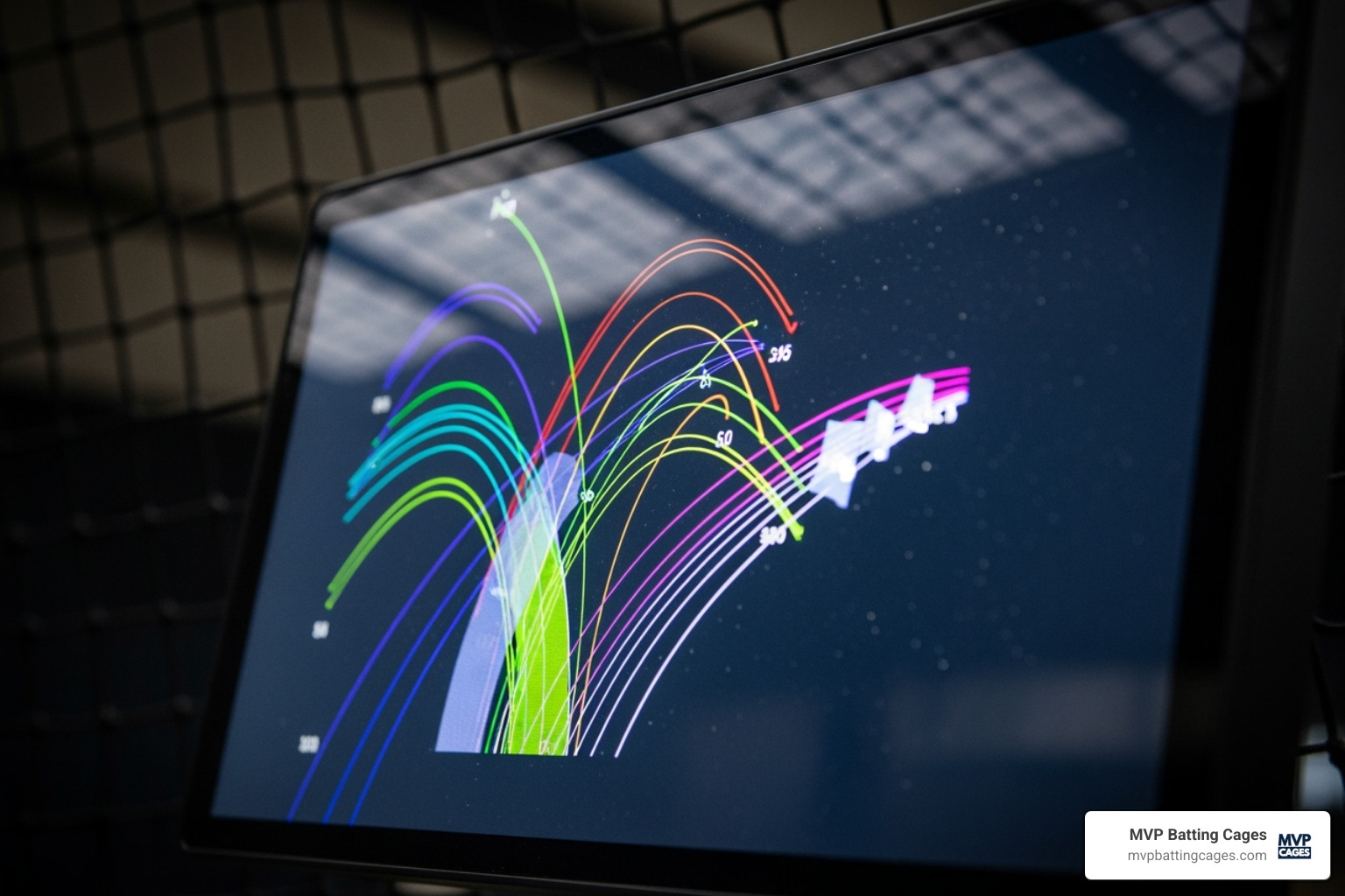 Image of a HitTrax data screen showing exit velocity and launch angle - baseball cages near me