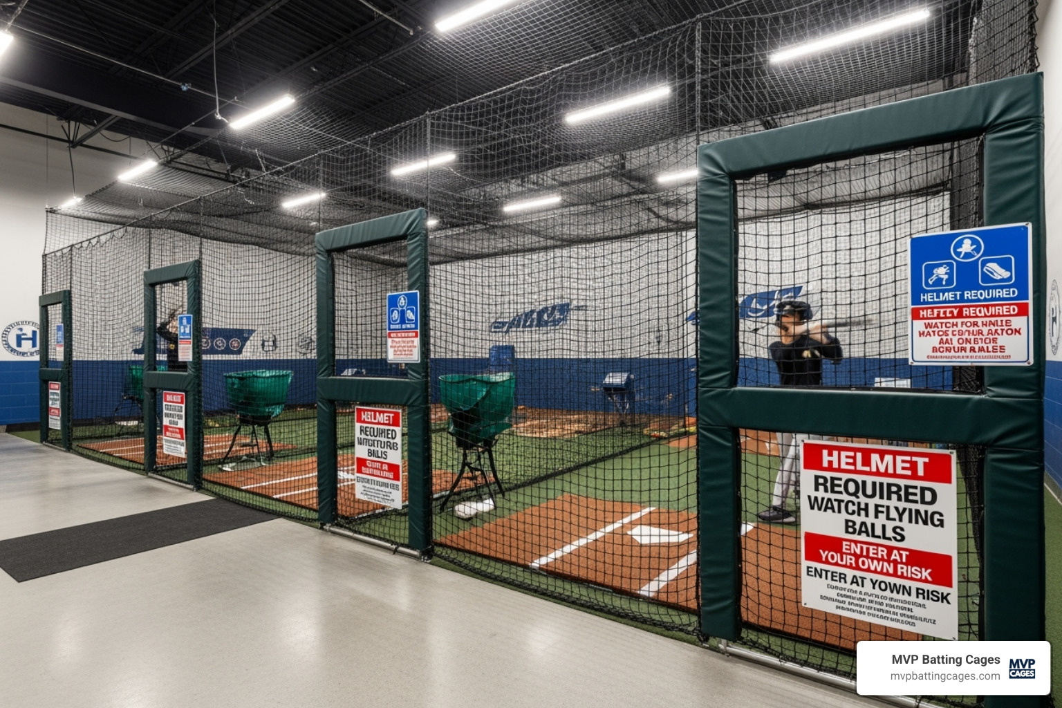Image of a clean, organized, and safe batting cage area with clear signage - baseball cages near me