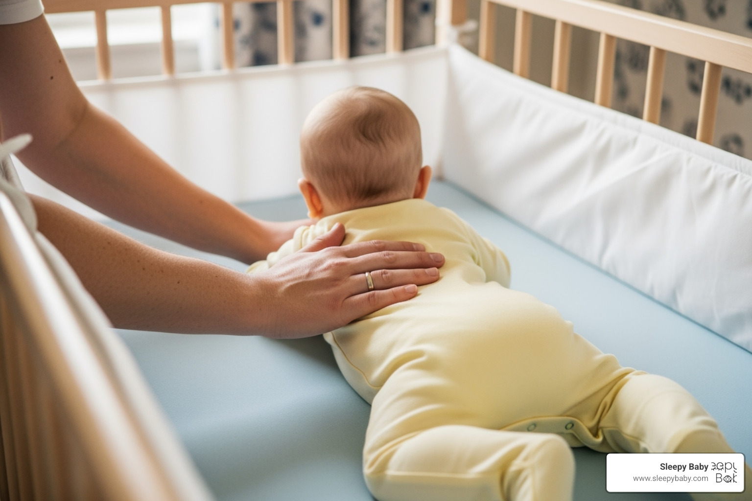 Parent gently patting their baby's back in a crib - baby sleep in crib