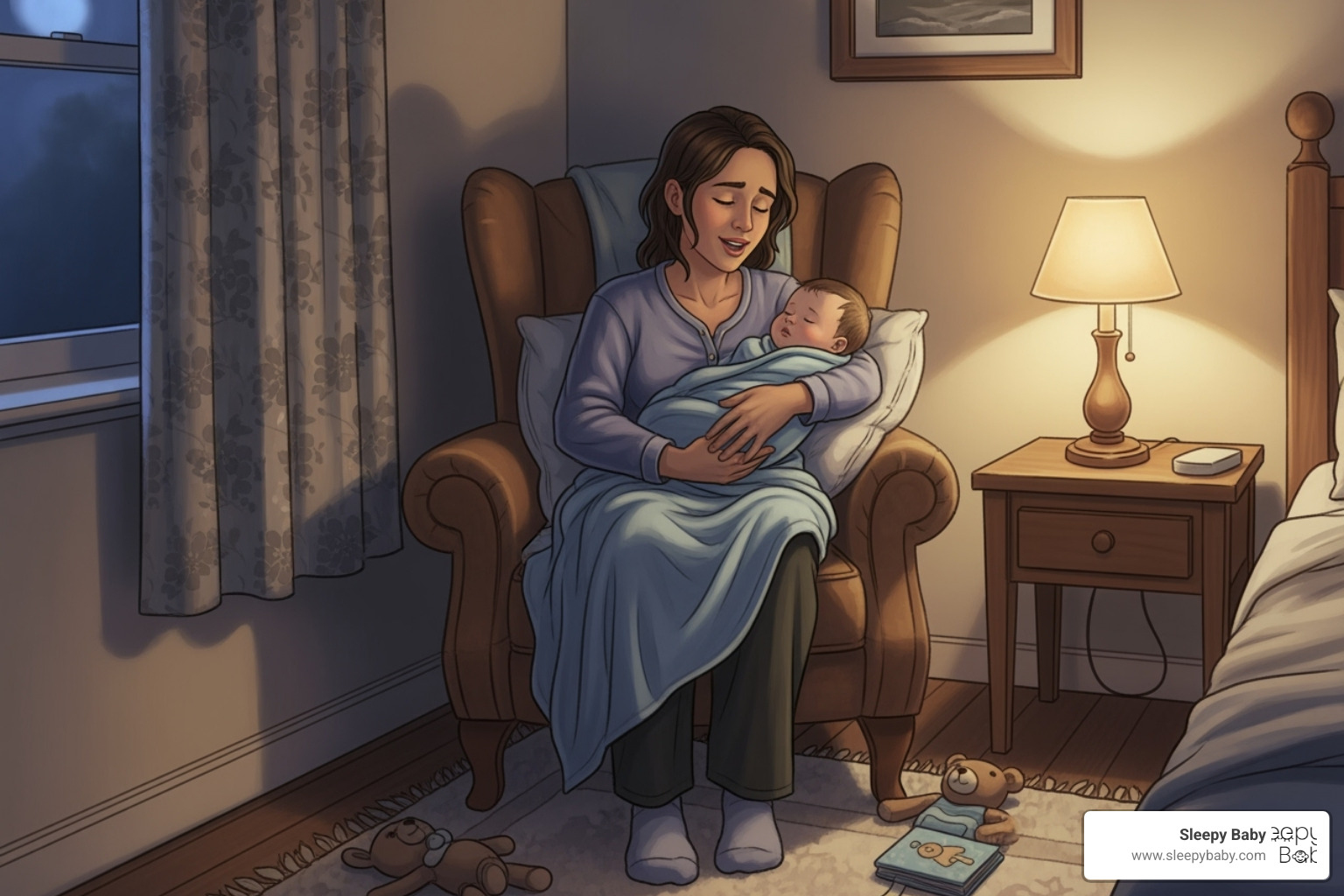 Parent smiling while performing a calming bedtime routine with their baby - baby sleep in crib