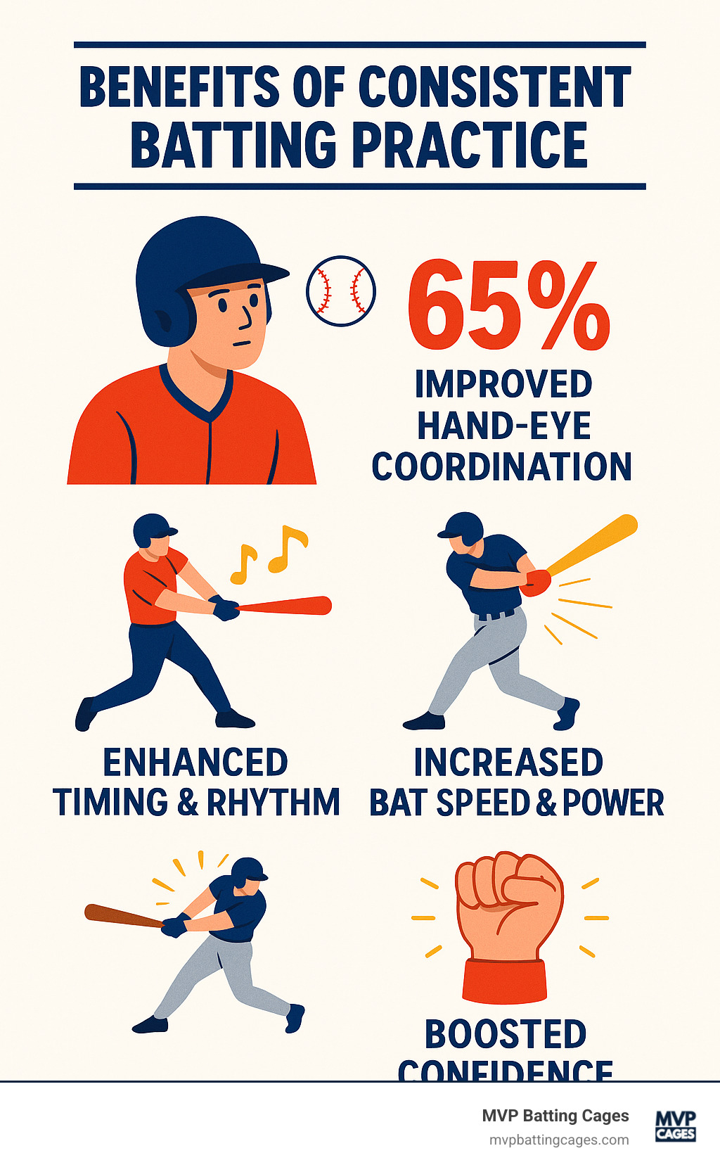 Infographic showing the key benefits of consistent batting practice including improved hand-eye coordination with 65% improvement rates, improved timing and rhythm development, increased bat speed and power output, and boosted confidence through repetition and muscle memory - baseball cages near me infographic 