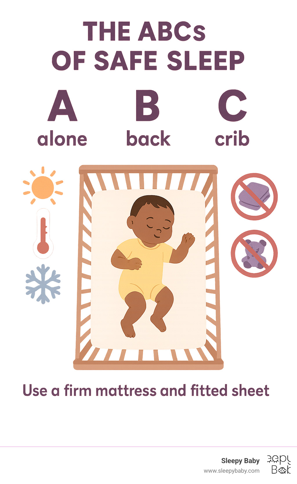 Infographic showing the ABCs of Safe Sleep: Baby sleeping Alone on their Back in a Crib with firm mattress and fitted sheet only, temperature control icons, and prohibited items like blankets and toys crossed out - baby sleep in crib infographic 