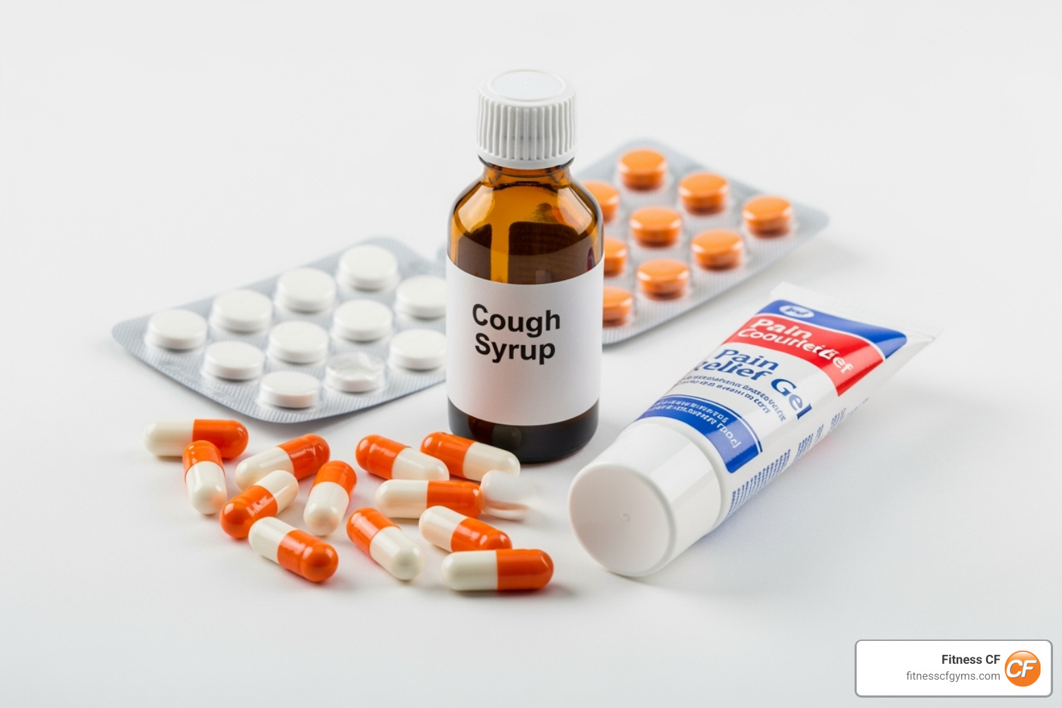 Assortment of different forms of over-the-counter medications including tablets, capsules, liquids, and gels - over the counter meds for body aches