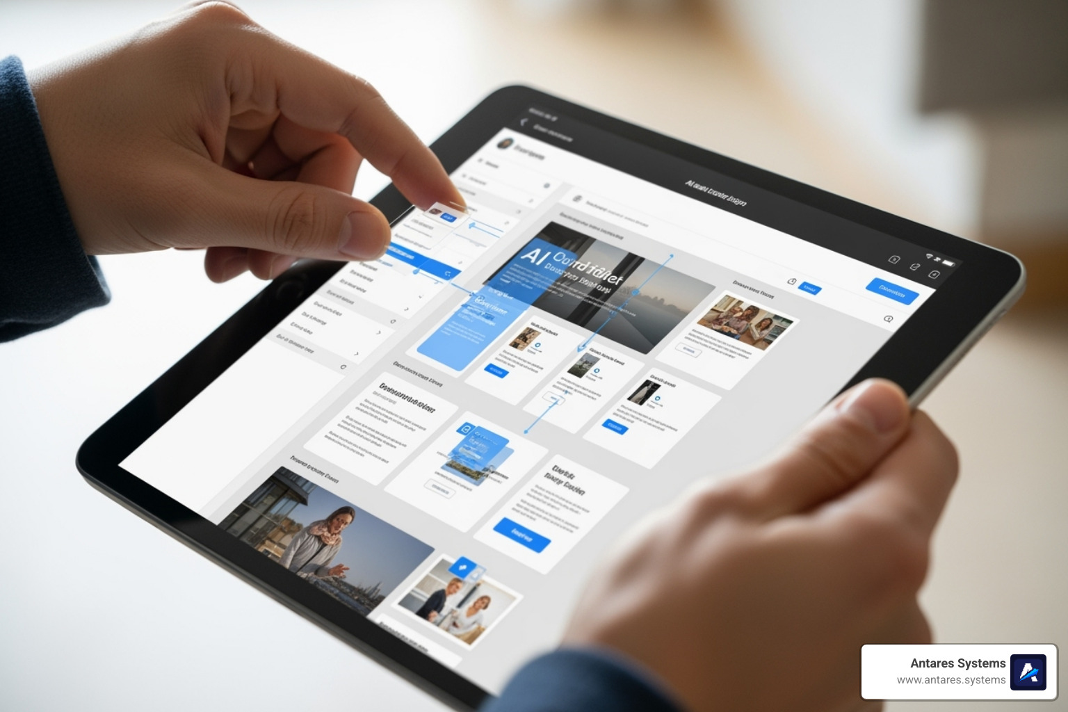 User customizing an AI-generated website on a tablet with a drag-and-drop interface - AI website builder