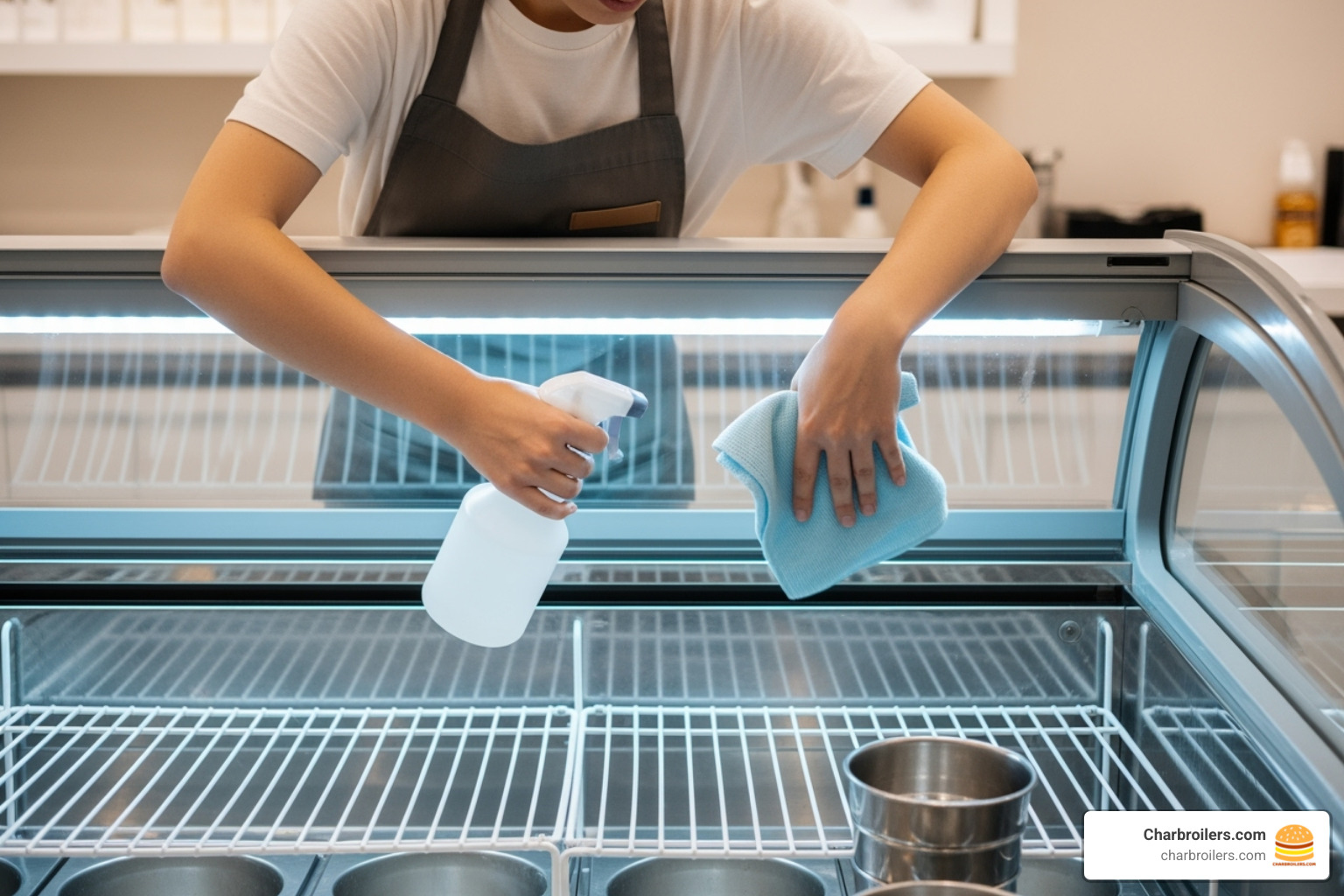 staff member cleaning the interior of a gelato display freezer - gelato display freezer