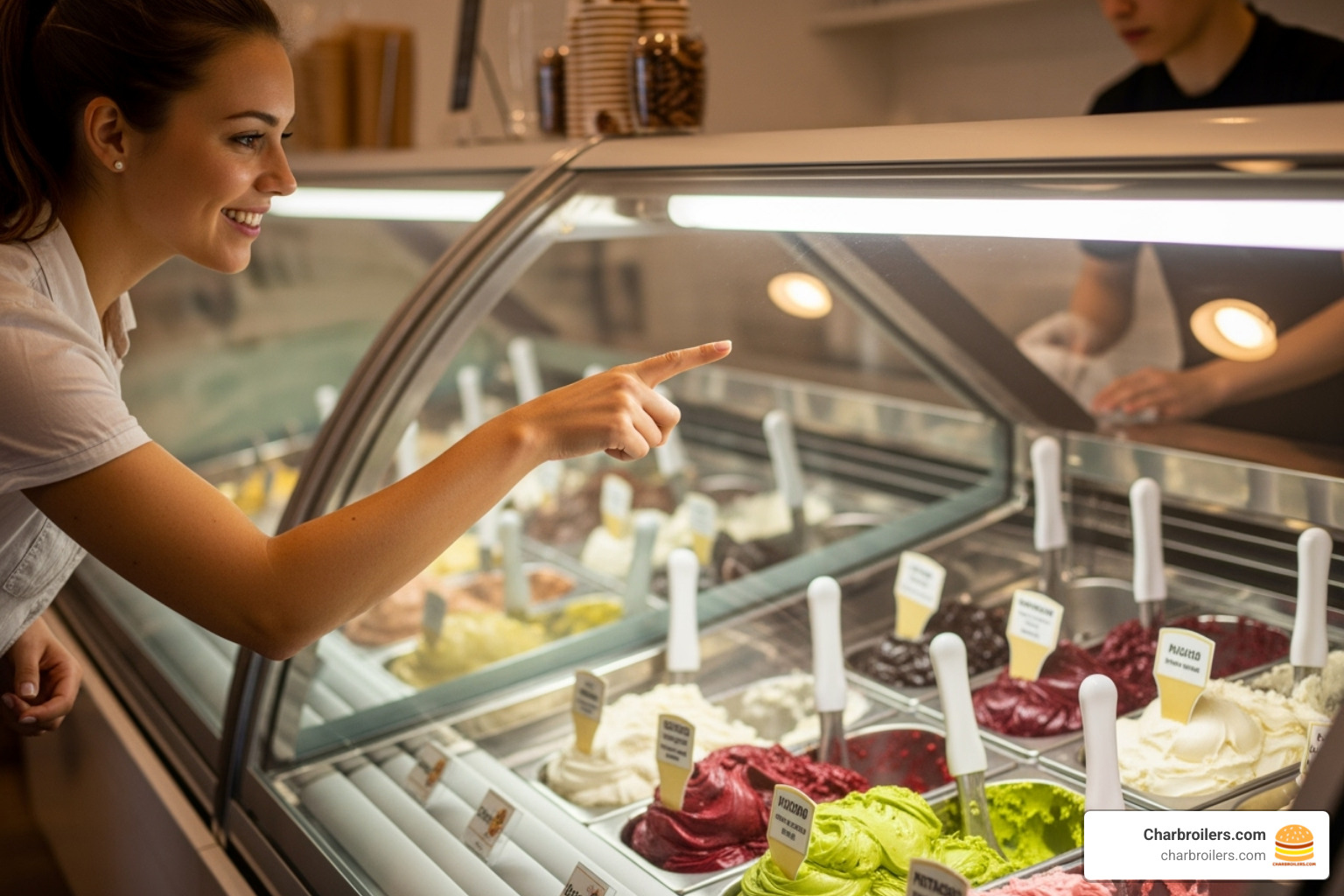 customer pointing at a flavor through the curved glass of a gelato display - gelato display freezer