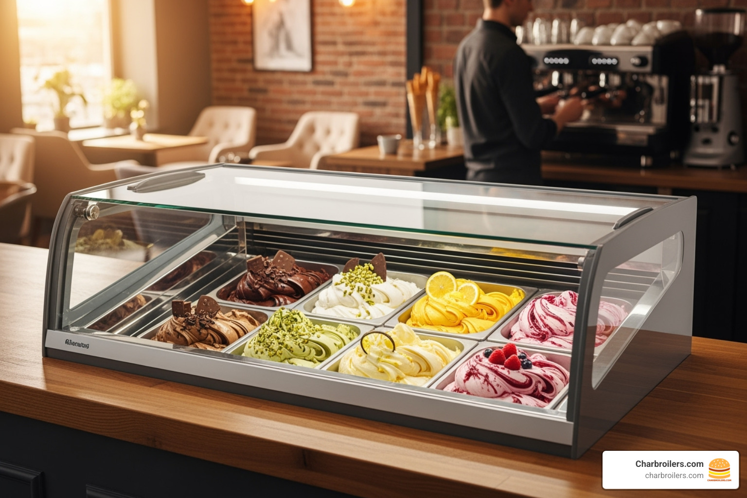 compact countertop gelato display freezer on a cafe counter - gelato display freezer