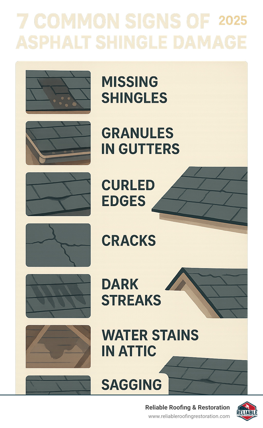 Infographic showing the 7 most common signs of asphalt shingle damage including missing shingles, granules in gutters, curled edges, cracks, dark streaks, water stains in attic, and sagging roof areas with visual examples of each type of damage - how to fix asphalt shingles on roof infographic Infographic showing the 7 most common signs of asphalt shingle damage including missing shingles, granules in gutters, curled edges, cracks, dark streaks, water stains in attic, and sagging roof areas with visual examples of each type of damage - how to fix asphalt shingles on roof infographic