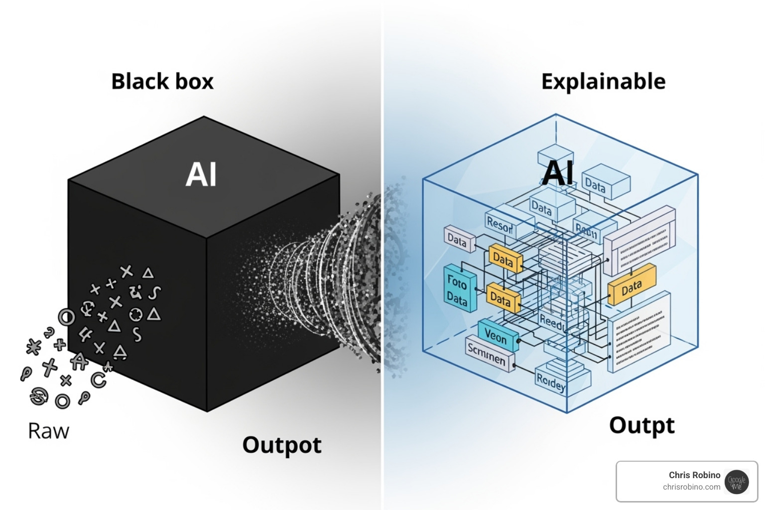 Image illustrating the difference between a black box AI model and an explainable AI model, showing data going into a black box with an unreadable output, versus data going into an explainable model with clear, traceable pathways to an understandable output - Ethical AI development Image illustrating the difference between a black box AI model and an explainable AI model, showing data going into a black box with an unreadable output, versus data going into an explainable model with clear, traceable pathways to an understandable output - Ethical AI development
