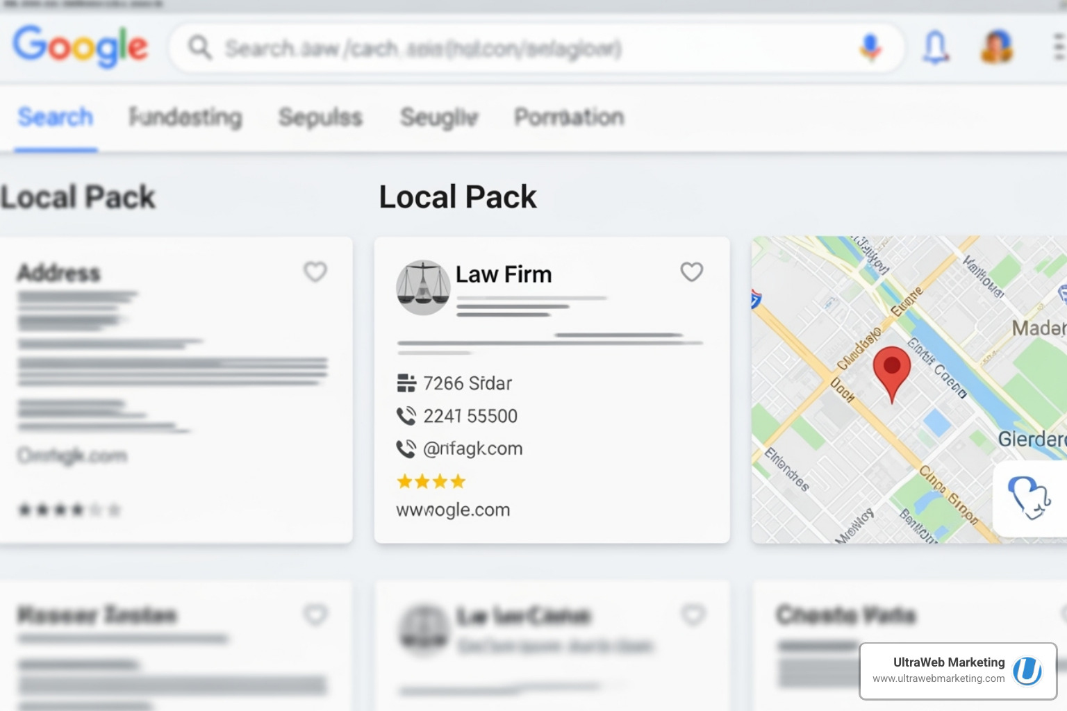 Google search results page showing a law firm in the local pack - Website design for lawyers Google search results page showing a law firm in the local pack - Website design for lawyers