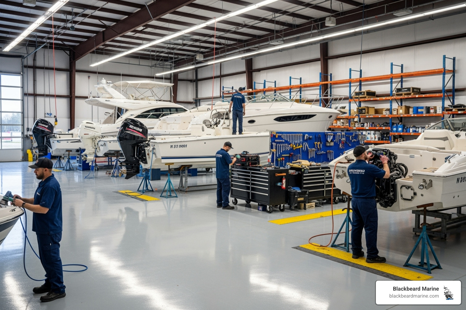 A clean and organized boat service center with boats undergoing maintenance - Missouri boat dealers