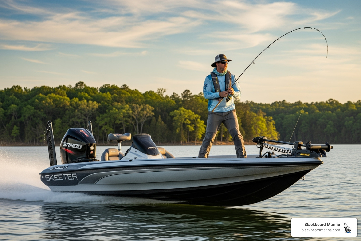 A Skeeter fishing boat speeding across the water, with an angler in the foreground - Missouri boat dealers