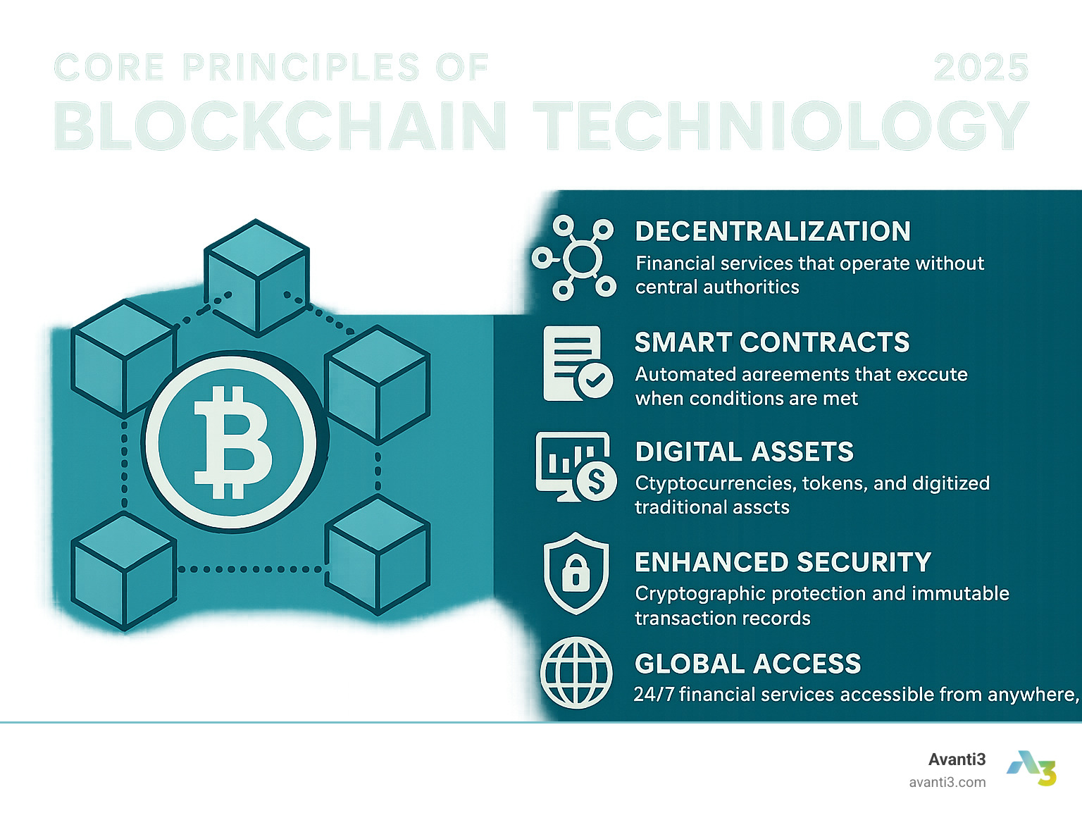 Core principles of blockchain technology - Blockchain powered fintech infographic Core principles of blockchain technology - Blockchain powered fintech infographic