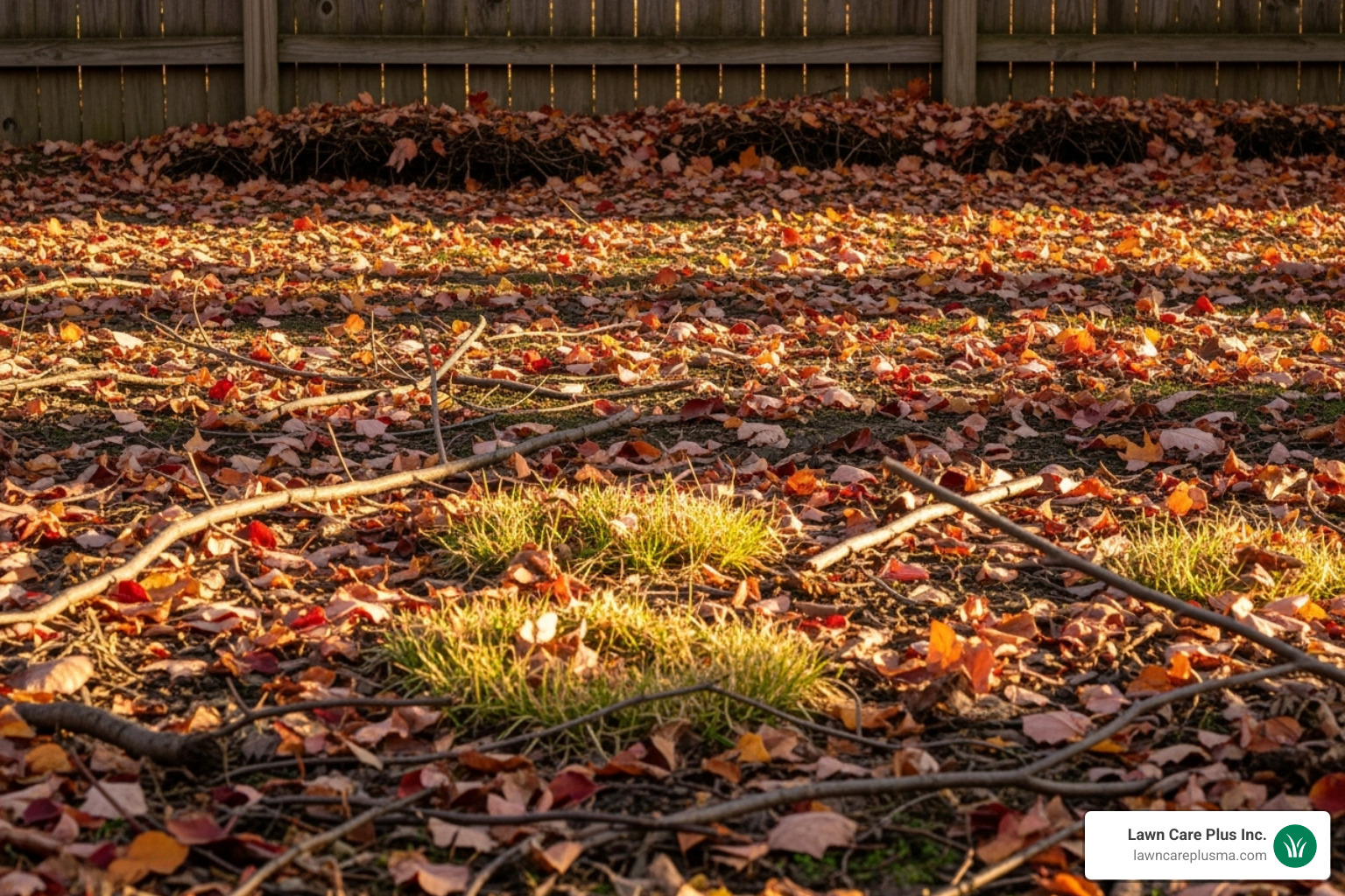 A yard covered in fallen leaves, twigs, and matted grass - spring yard cleanup service