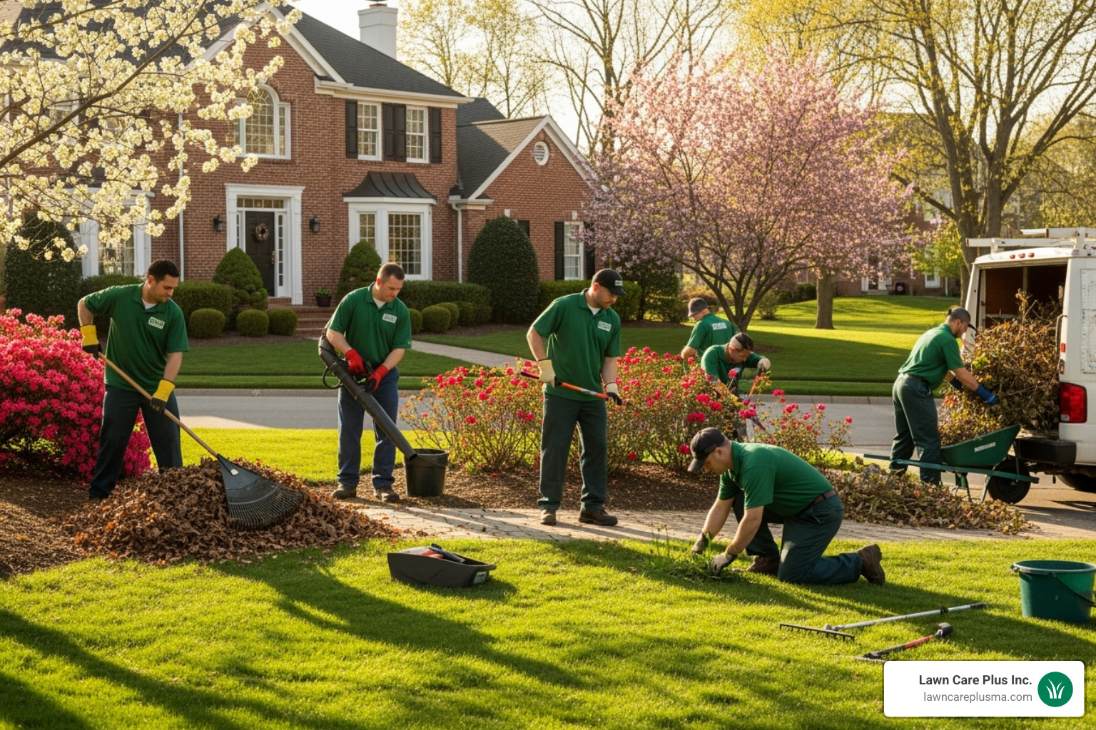 A professional landscaping crew performing various cleanup tasks - spring yard cleanup service