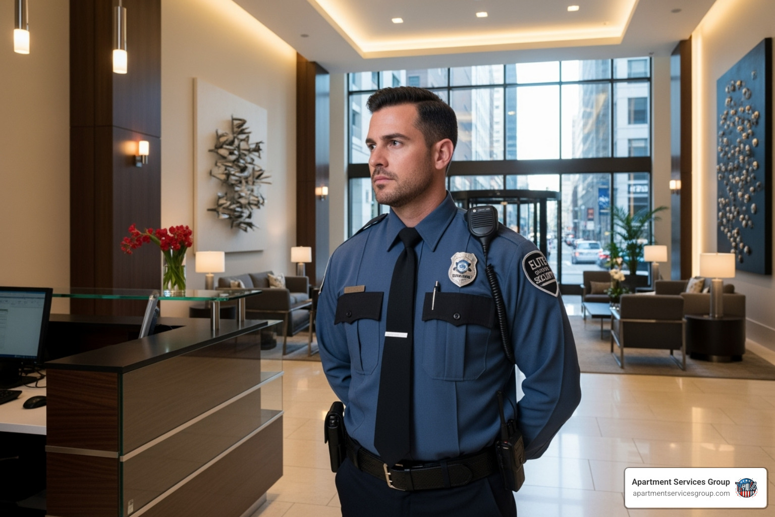 Professional security guard in an apartment lobby - Professional apartment services