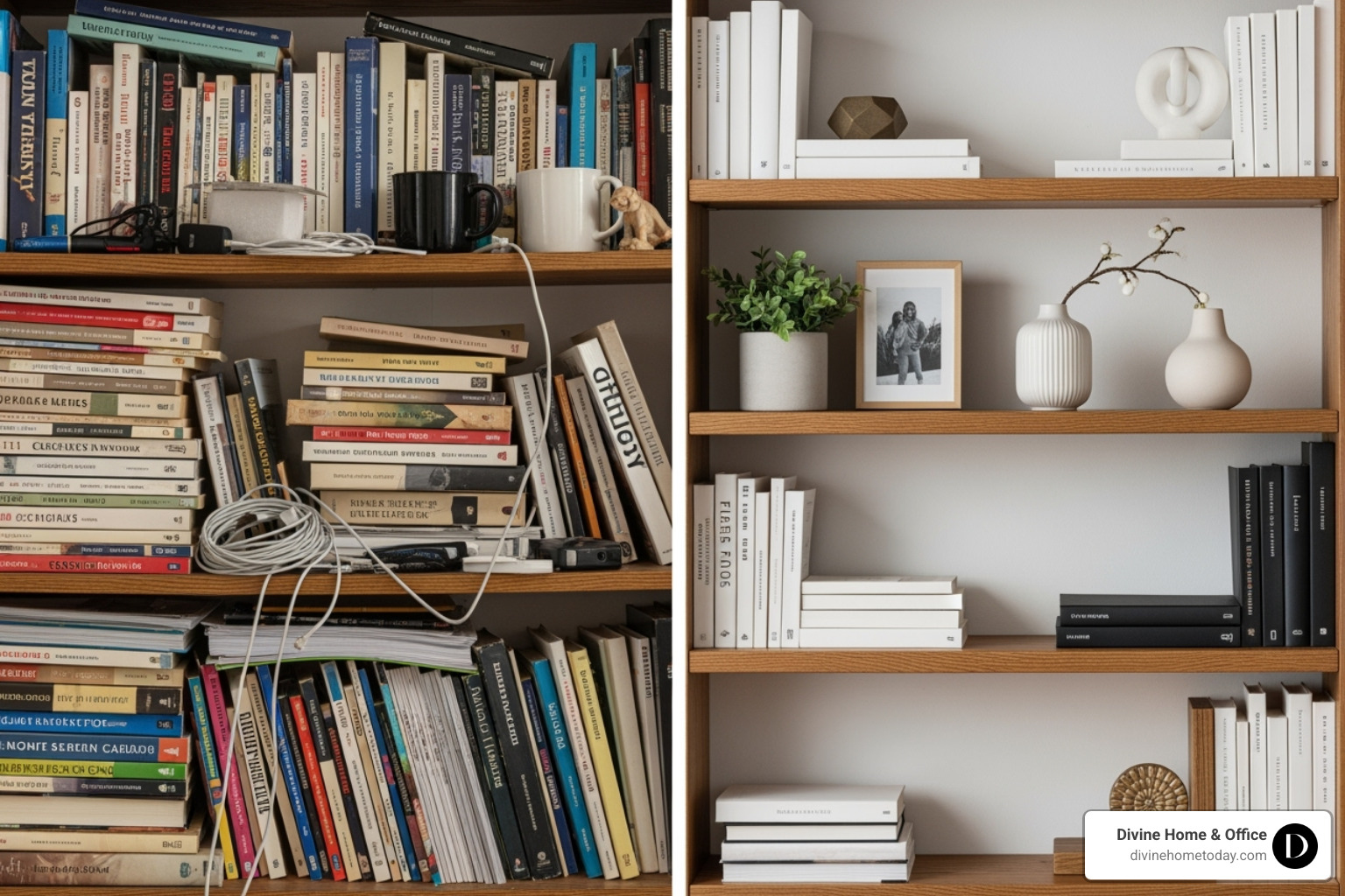 Before-and-after comparison of a cluttered vs. a staged bookshelf - staging bookshelves for open house Before-and-after comparison of a cluttered vs. a staged bookshelf - staging bookshelves for open house