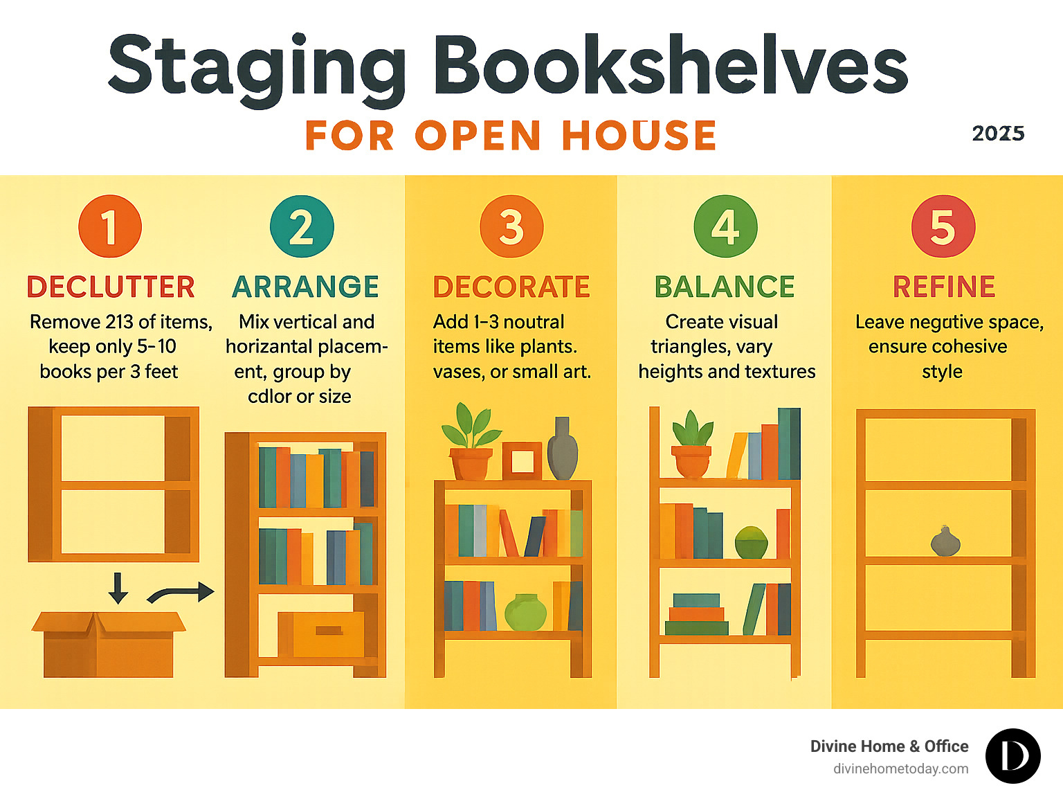Infographic showing the 5 key steps to staging bookshelves: Step 1 - Declutter (remove 2/3 of items, keep only 5-10 books per 3 feet), Step 2 - Arrange (mix vertical and horizontal book placement, group by color or size), Step 3 - Decorate (add 1-3 neutral items like plants, vases, or small art), Step 4 - Balance (create visual triangles, vary heights and textures), Step 5 - Refine (leave negative space, ensure cohesive style) - staging bookshelves for open house infographic Infographic showing the 5 key steps to staging bookshelves: Step 1 - Declutter (remove 2/3 of items, keep only 5-10 books per 3 feet), Step 2 - Arrange (mix vertical and horizontal book placement, group by color or size), Step 3 - Decorate (add 1-3 neutral items like plants, vases, or small art), Step 4 - Balance (create visual triangles, vary heights and textures), Step 5 - Refine (leave negative space, ensure cohesive style) - staging bookshelves for open house infographic