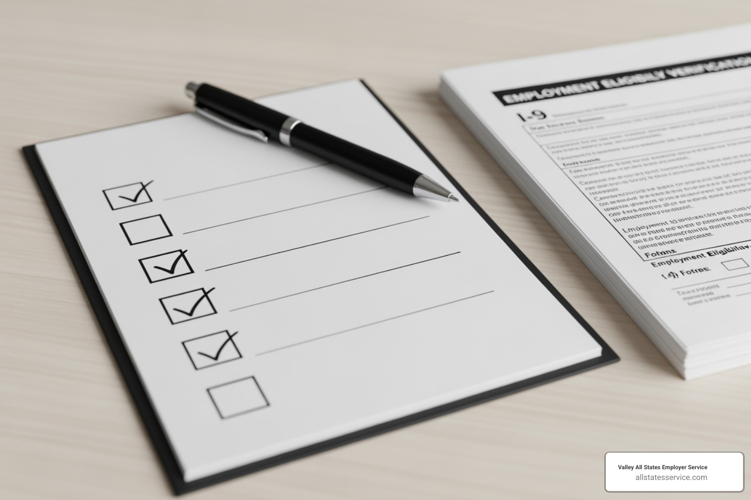Image of a checklist and a pen next to a stack of I-9 forms - internal i 9 audit