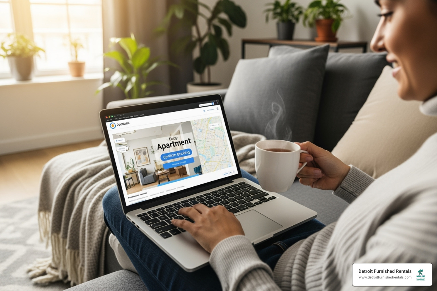 person easily booking an apartment on a laptop - corporate housing furnished apartments