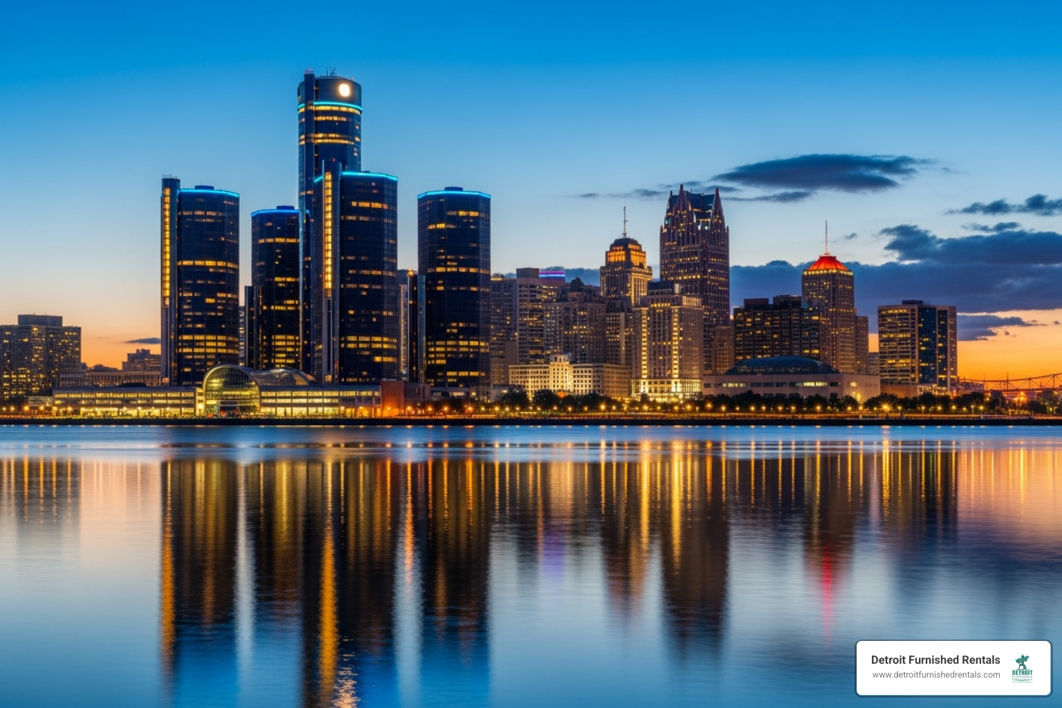 Detroit city skyline at dusk - corporate housing furnished apartments