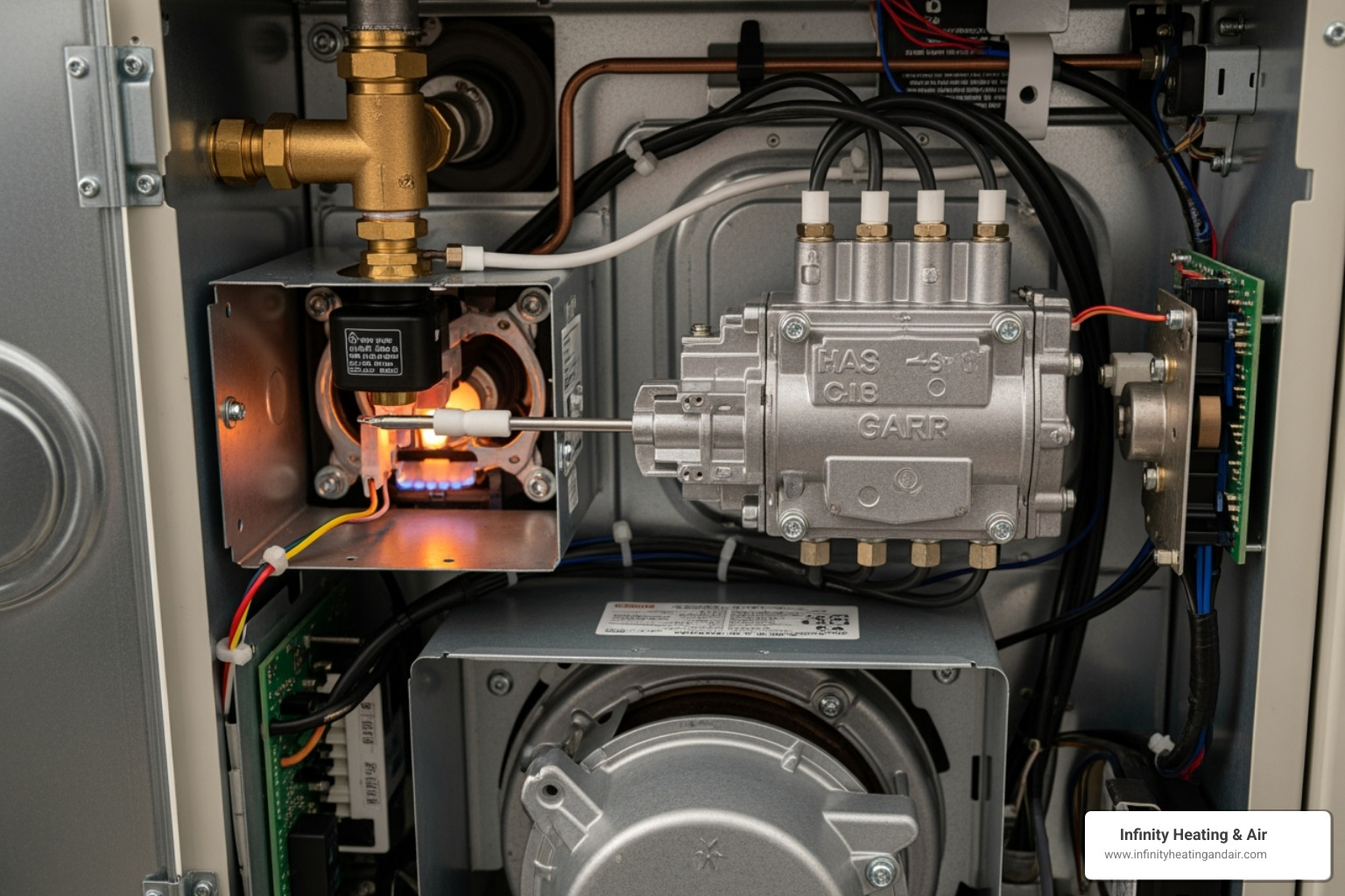furnace's internal components with labels for the igniter, gas valve, and flame sensor - Furnace not igniting
