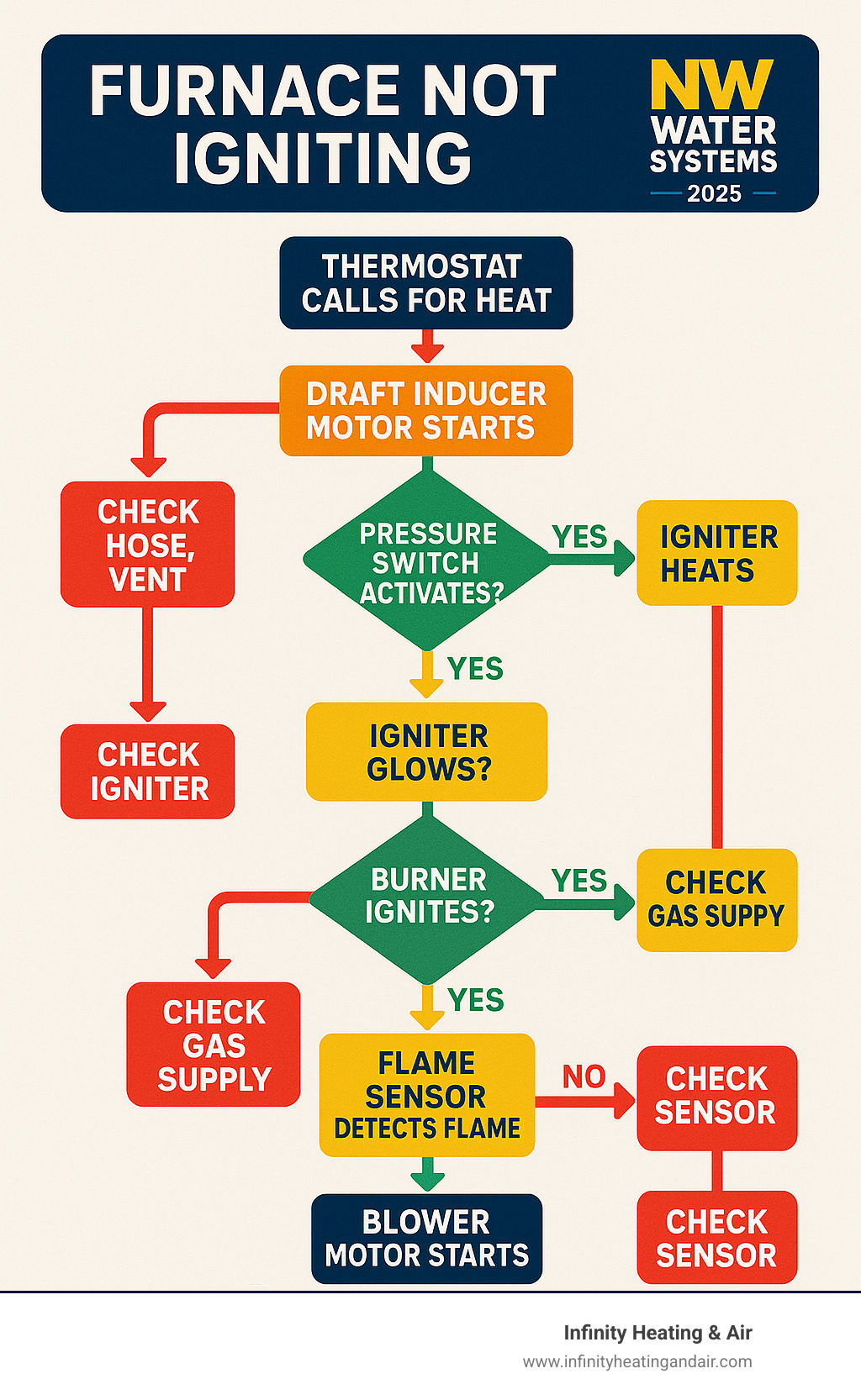 Comprehensive furnace ignition troubleshooting flowchart showing the complete sequence from thermostat call for heat through draft inducer motor startup, pressure switch activation, igniter heating, gas valve opening, burner ignition, flame sensor verification, and blower motor activation, with decision points for common failure modes at each step - Furnace not igniting infographic 