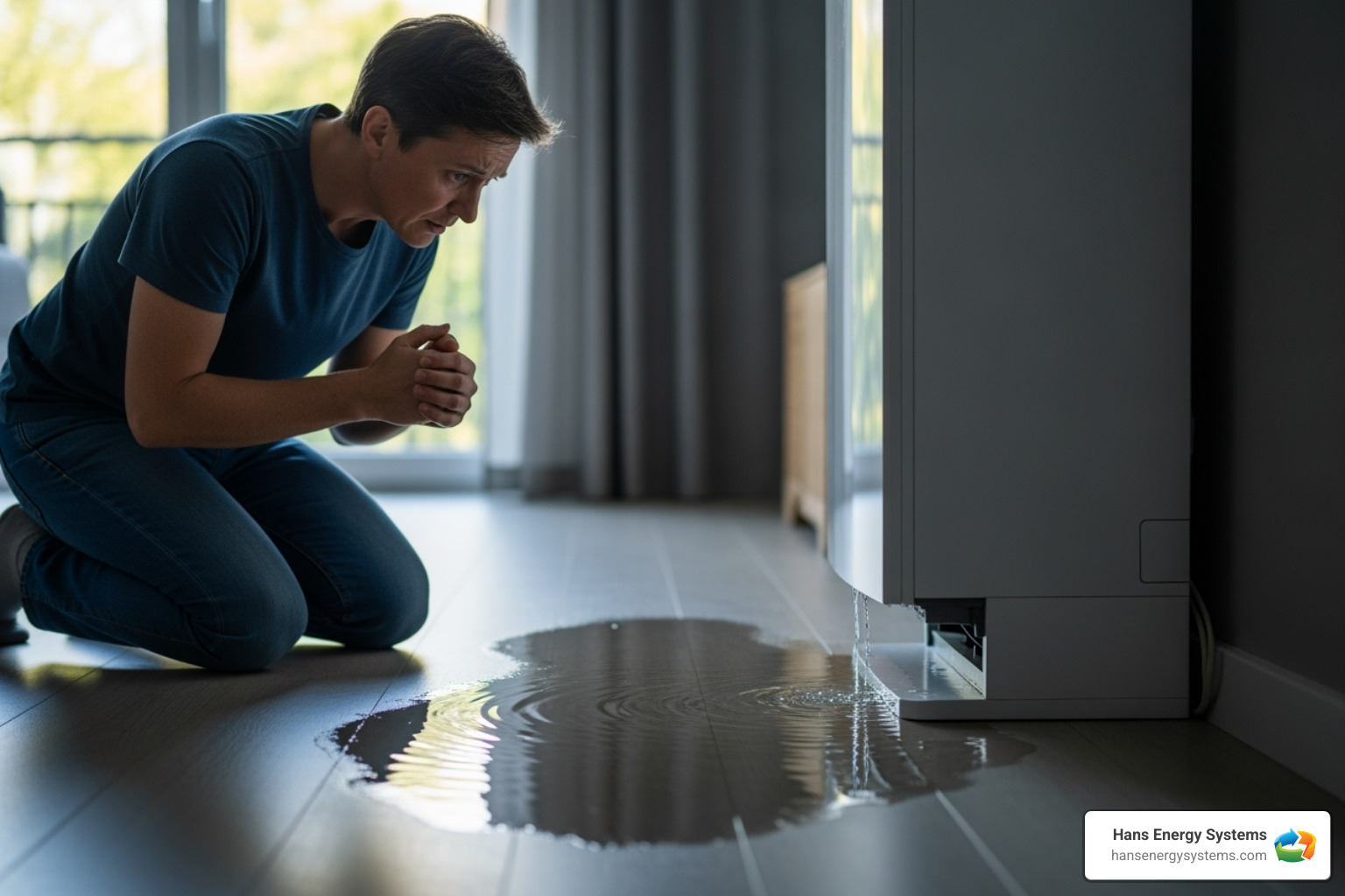 Homeowner looking at a puddle of water near their indoor AC unit - AC repair Poway CA