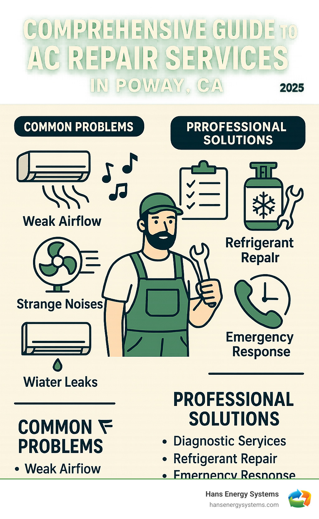 Comprehensive guide to AC repair services in Poway CA including common problems like weak airflow, strange noises, water leaks, and high humidity, plus professional solutions like diagnostic services, refrigerant repairs, and emergency response times - AC repair Poway CA infographic 