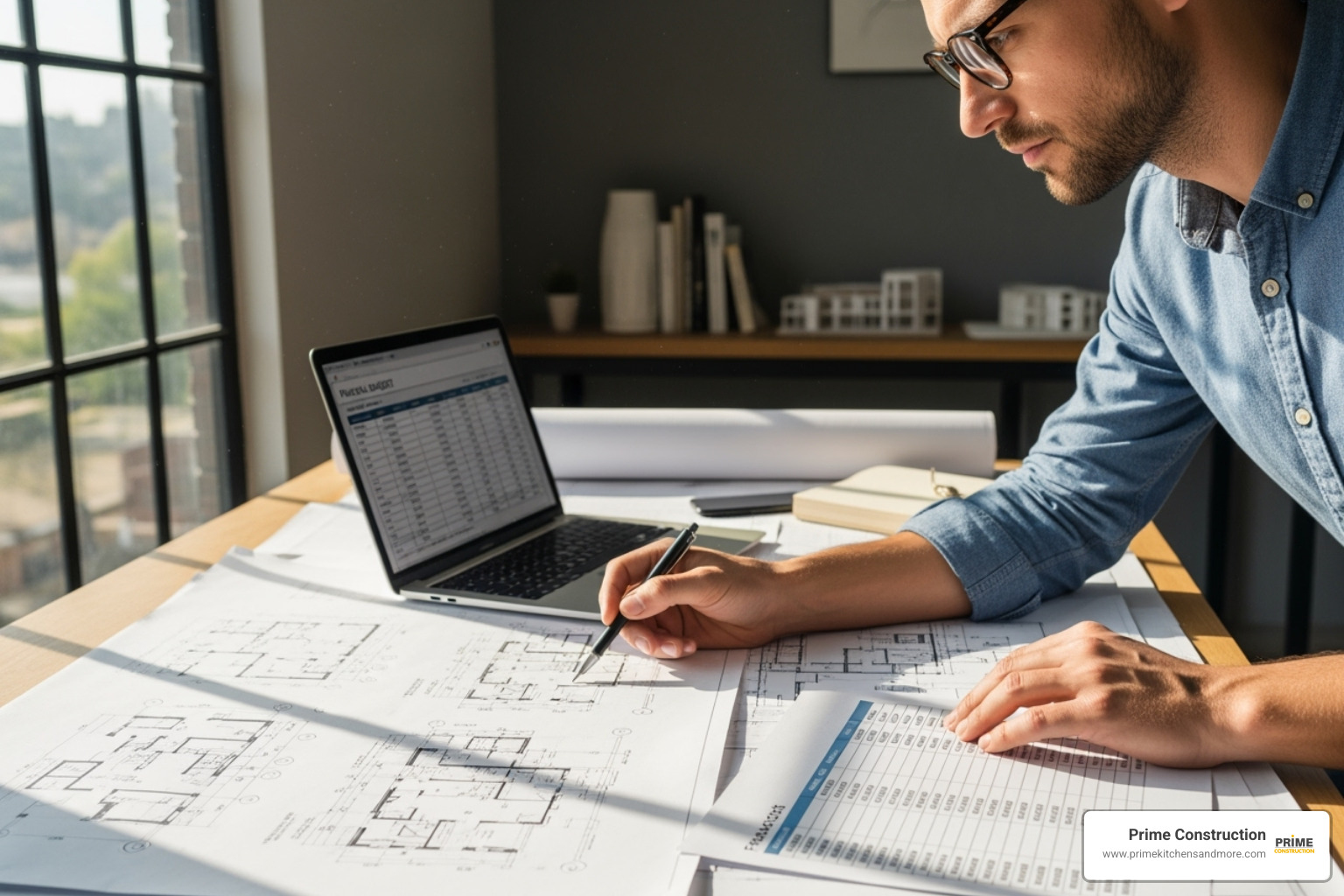 person reviewing blueprints and budget spreadsheet - full gut renovation