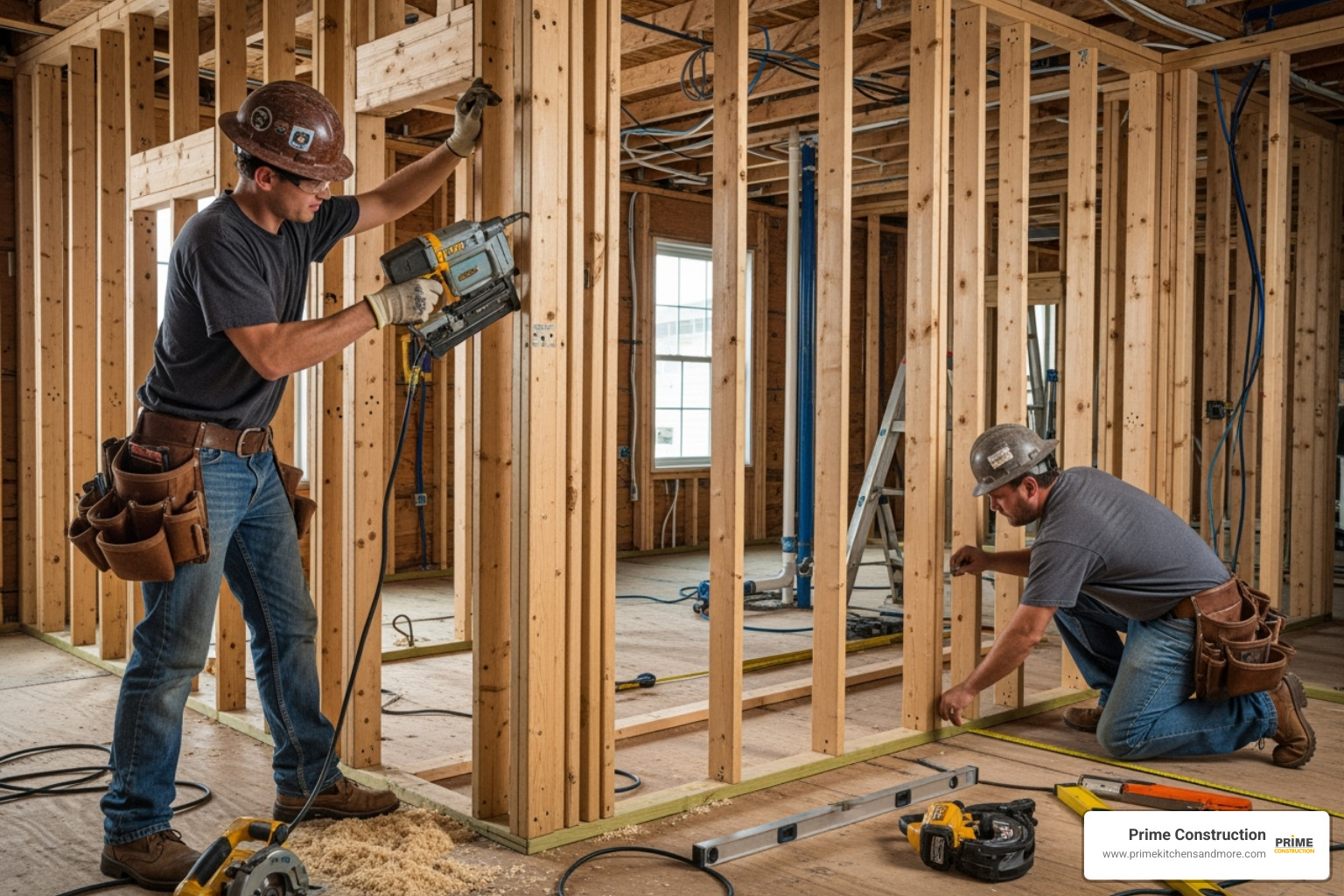 construction crew framing a new interior wall - full gut renovation
