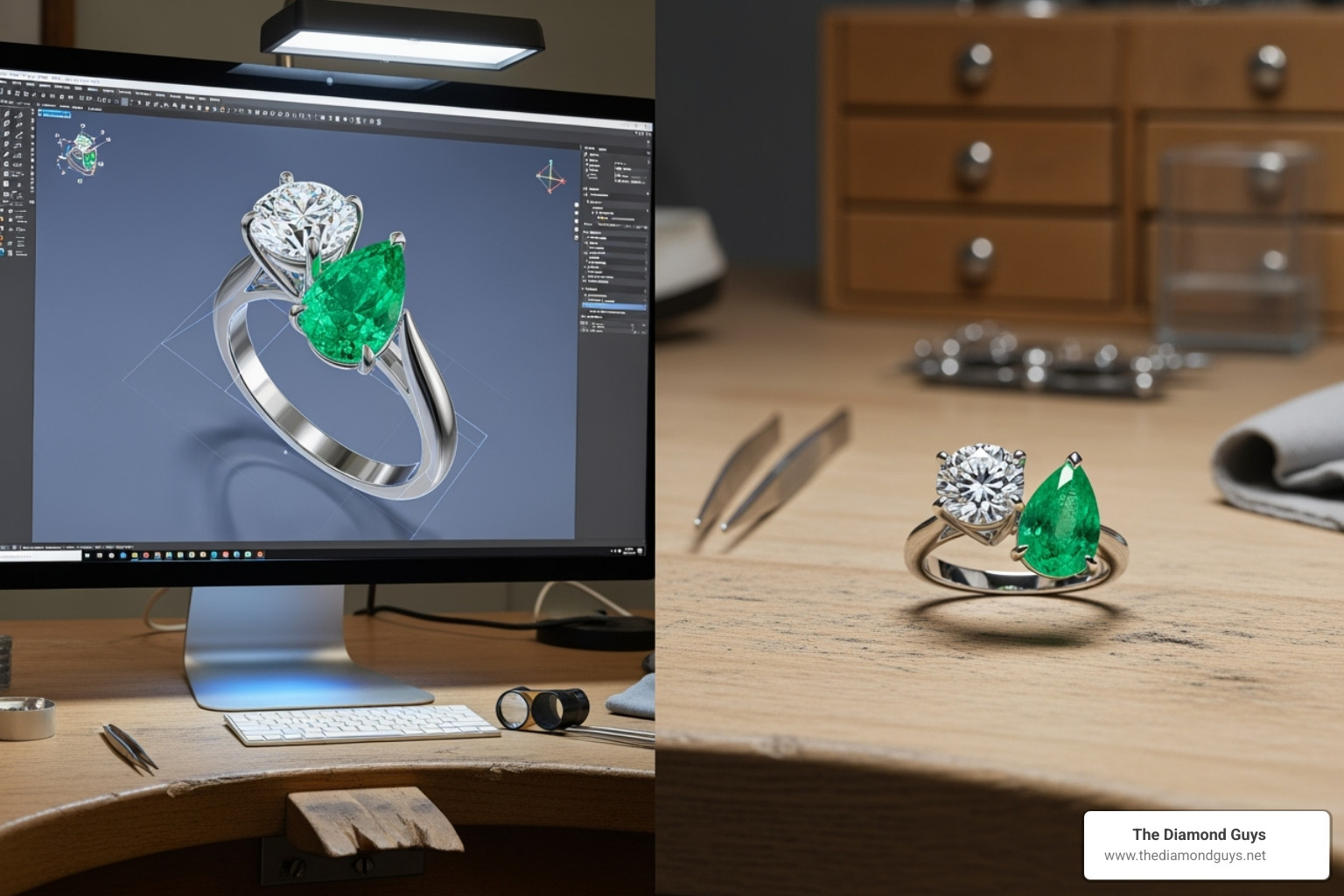 CAD rendering of a two-stone ring next to the finished product - custom two stone ring