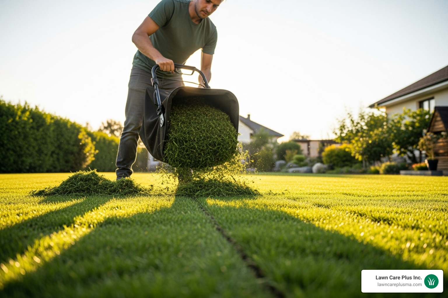 A person emptying a lawn mower bag filled with freshly cut grass clippings from a new sod lawn. - when to mow new sod A person emptying a lawn mower bag filled with freshly cut grass clippings from a new sod lawn. - when to mow new sod
