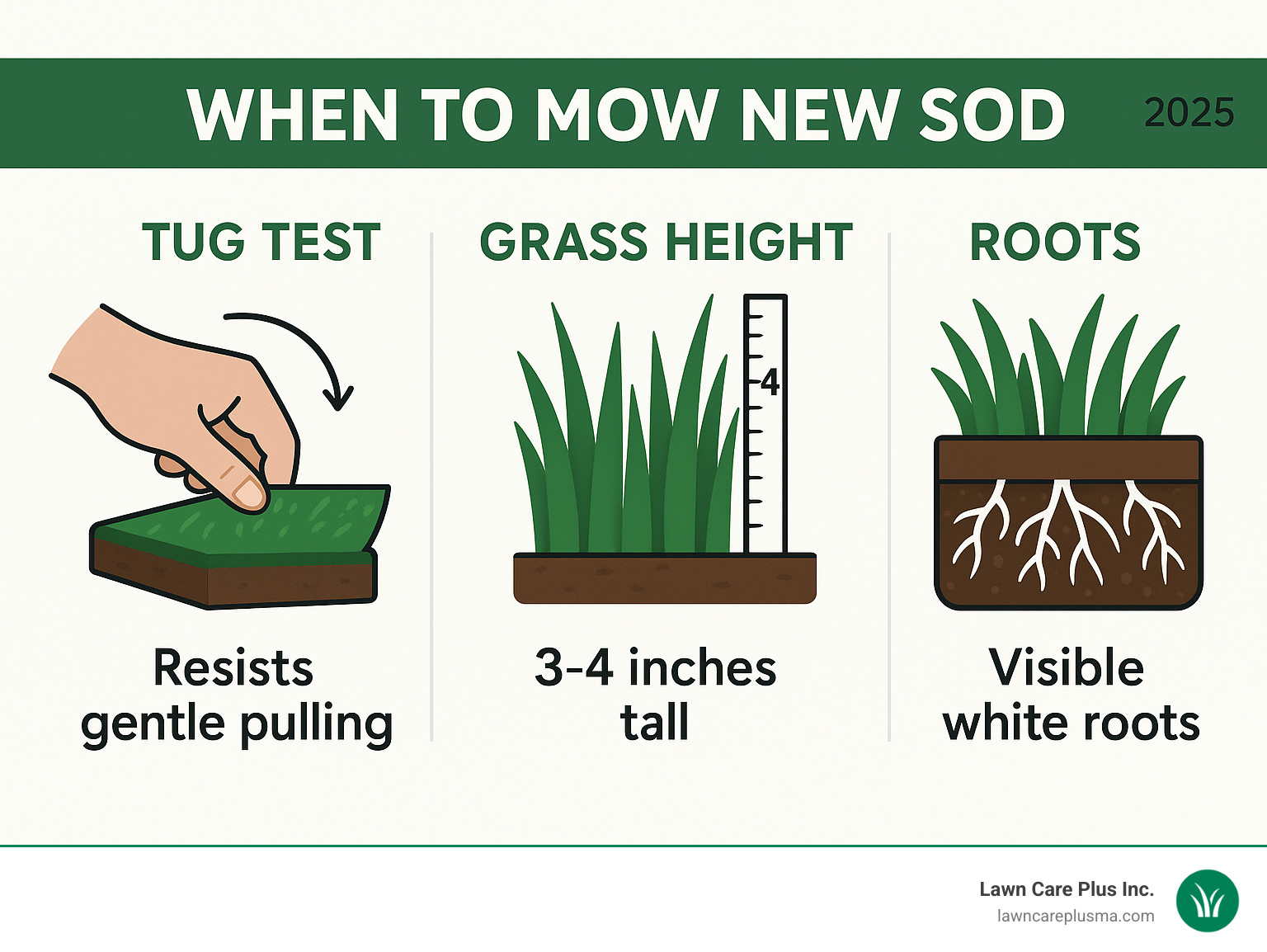 Infographic showing the three key readiness indicators for mowing new sod: the tug test showing resistance when gently pulling a corner of sod, grass height measurement at 3-4 inches tall, and visual inspection of small white roots extending from the sod base - when to mow new sod infographic Infographic showing the three key readiness indicators for mowing new sod: the tug test showing resistance when gently pulling a corner of sod, grass height measurement at 3-4 inches tall, and visual inspection of small white roots extending from the sod base - when to mow new sod infographic