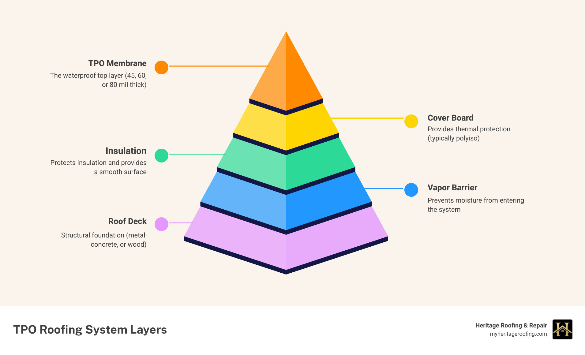 Detailed breakdown of TPO roofing system layers showing roof deck, vapor barrier, insulation, cover board, and TPO membrane with their respective functions and materials - tpo roof construction infographic pyramid-hierarchy-5-steps