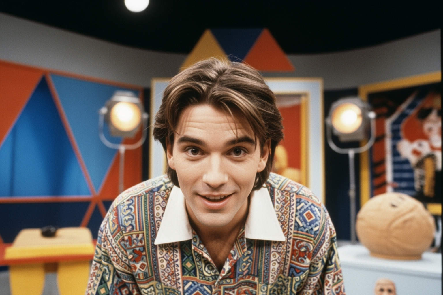A young Eric Bana on the set of a comedy show, possibly Full Frontal, with a mischievous grin - eric bana