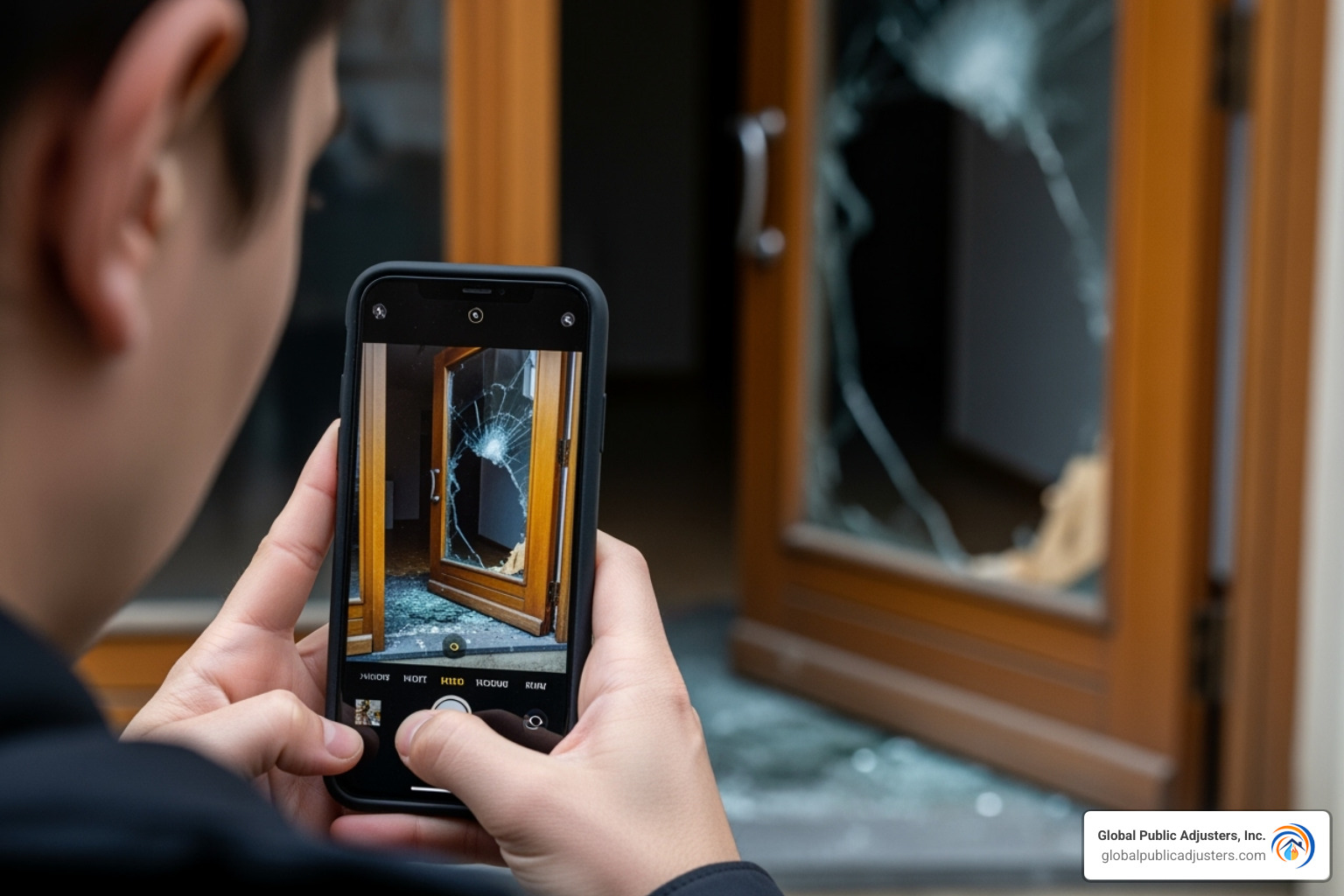 person taking photos of a broken window or door with their smartphone - Theft insurance claim