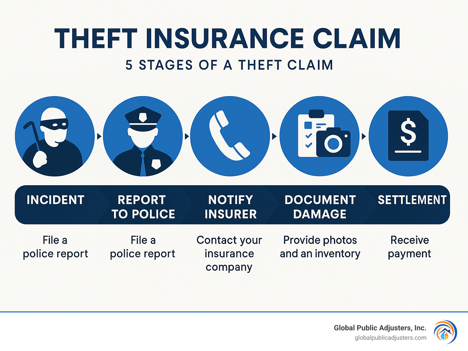 Infographic explaining the 5 key stages of a theft claim from incident to settlement - Theft insurance claim infographic 