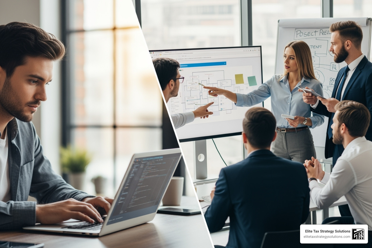 split screen comparing a person using software (DIY) vs. a team of experts collaborating - sales tax service providers split screen comparing a person using software (DIY) vs. a team of experts collaborating - sales tax service providers