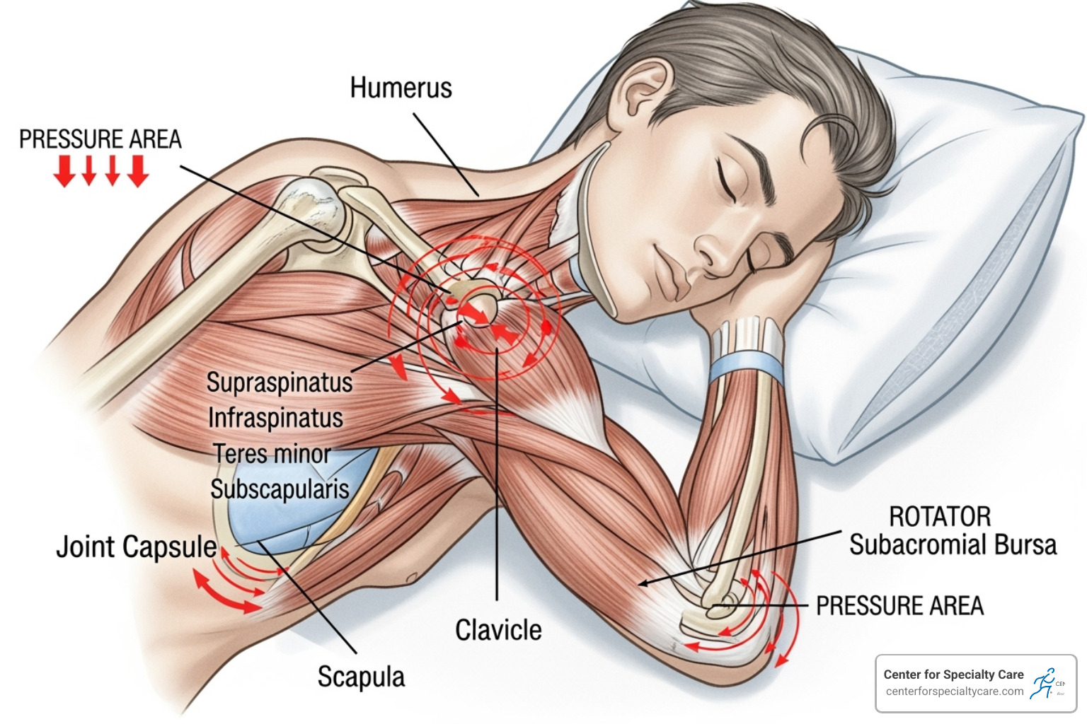 diagram showing pressure on the shoulder joint when side-sleeping - Shoulder pain at night diagram showing pressure on the shoulder joint when side-sleeping - Shoulder pain at night