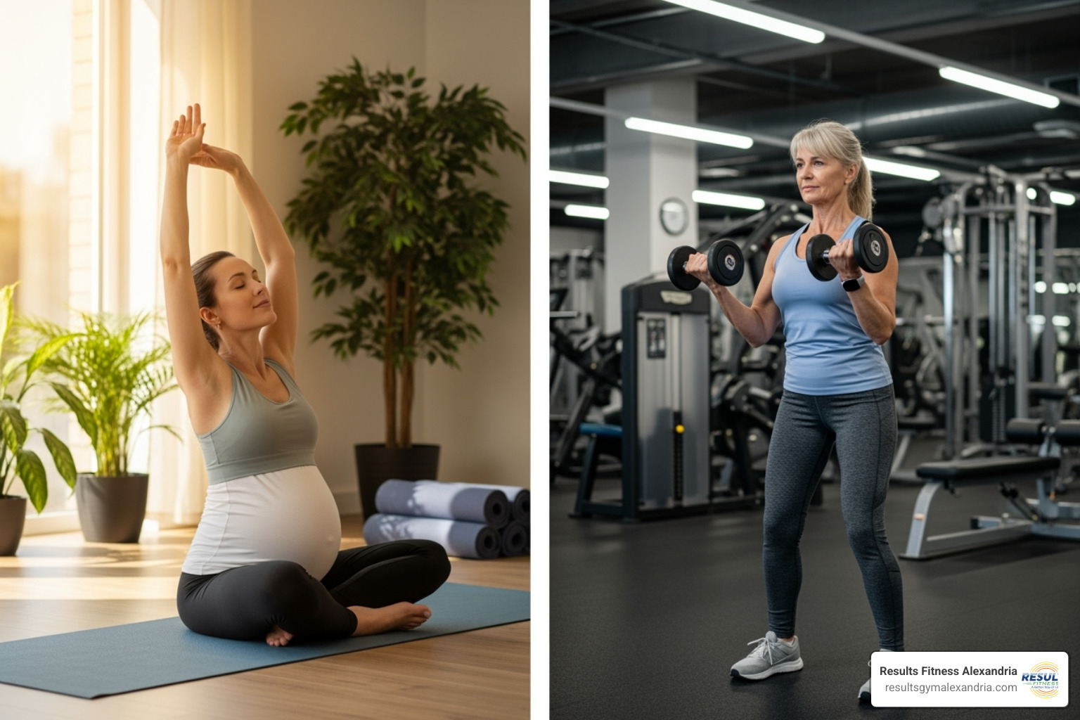 A pregnant woman doing safe exercises, such as prenatal yoga, and a post-menopausal woman lifting weights with good form - womens health and fitness