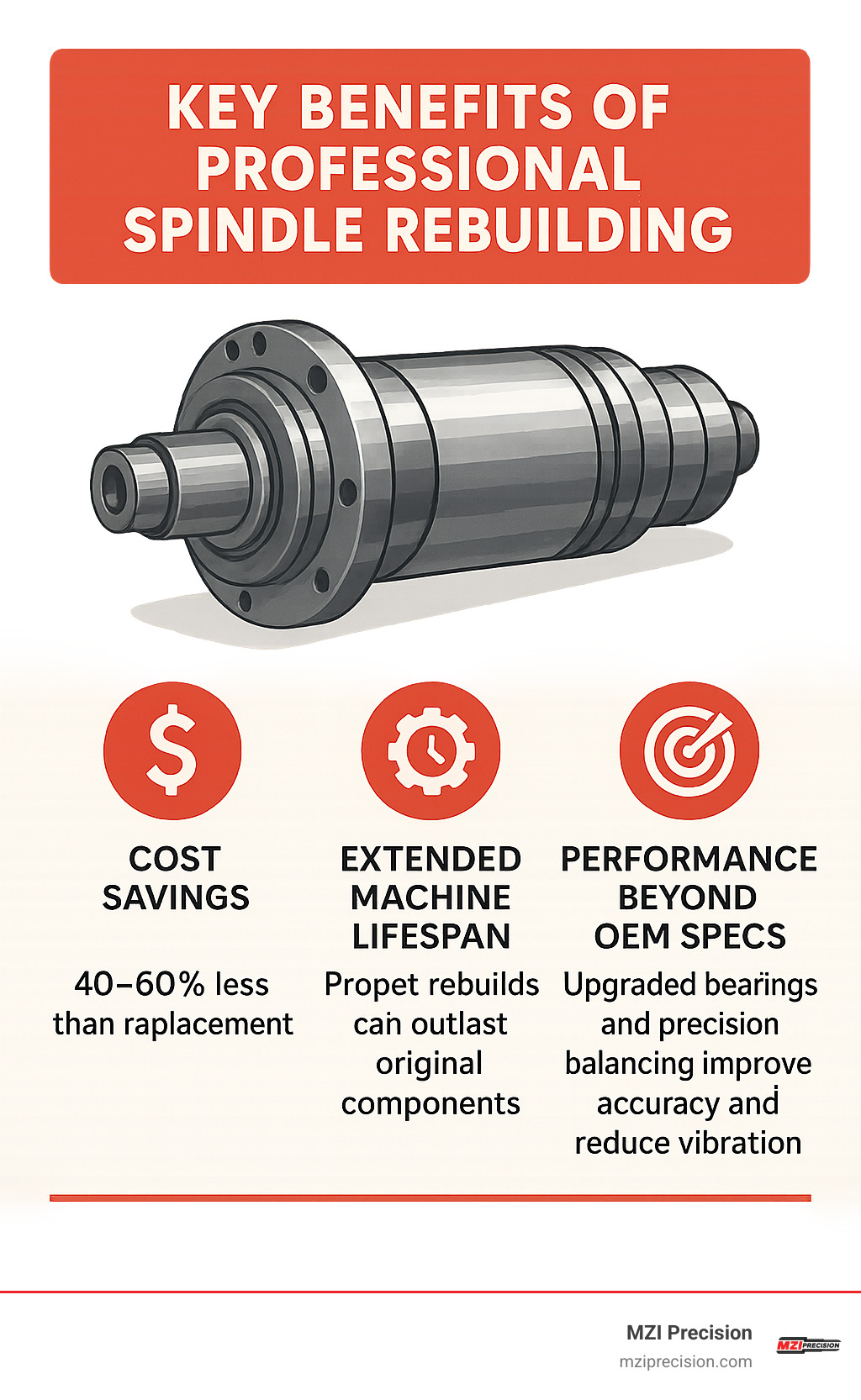 INFOGRAPHIC SHOWING THE THREE KEY BENEFITS OF PROFESSIONAL SPINDLE REBUILDING: COST SAVINGS (40-60% LESS THAN REPLACEMENT), EXTENDED MACHINE LIFESPAN (PROPER REBUILDS CAN OUTLAST ORIGINAL COMPONENTS), AND PERFORMANCE BEYOND OEM SPECS (UPGRADED BEARINGS AND PRECISION BALANCING IMPROVE ACCURACY AND REDUCE VIBRATION) - SPINDLE REBUILD COMPANIES INFOGRAPHIC INFOGRAPHIC SHOWING THE THREE KEY BENEFITS OF PROFESSIONAL SPINDLE REBUILDING: COST SAVINGS (40-60% LESS THAN REPLACEMENT), EXTENDED MACHINE LIFESPAN (PROPER REBUILDS CAN OUTLAST ORIGINAL COMPONENTS), AND PERFORMANCE BEYOND OEM SPECS (UPGRADED BEARINGS AND PRECISION BALANCING IMPROVE ACCURACY AND REDUCE VIBRATION) - SPINDLE REBUILD COMPANIES INFOGRAPHIC