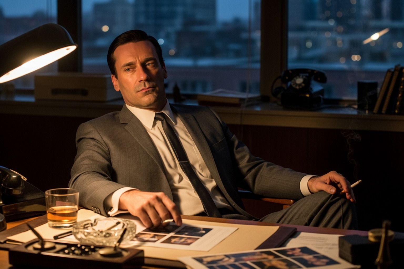 Jon Hamm as Don Draper, sitting in his office - jon hamm