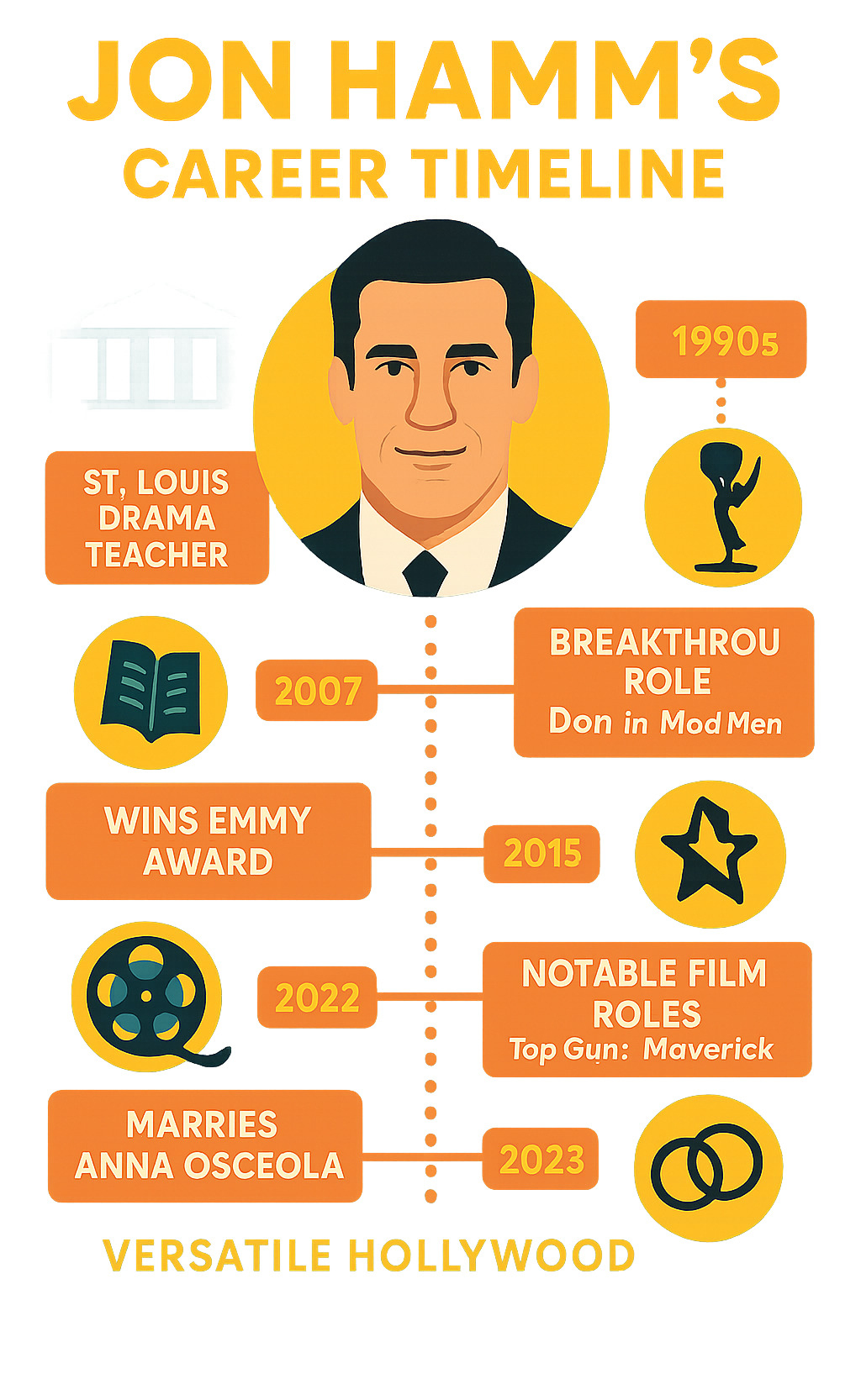 Infographic showing Jon Hamm's career timeline from his early days as a St. Louis drama teacher through his breakthrough role as Don Draper in Mad Men to his current status as a versatile Hollywood star, including major milestones like his Emmy win in 2015, notable film roles in The Town and Top Gun Maverick, and his marriage to Anna Osceola in 2023 - jon hamm infographic 