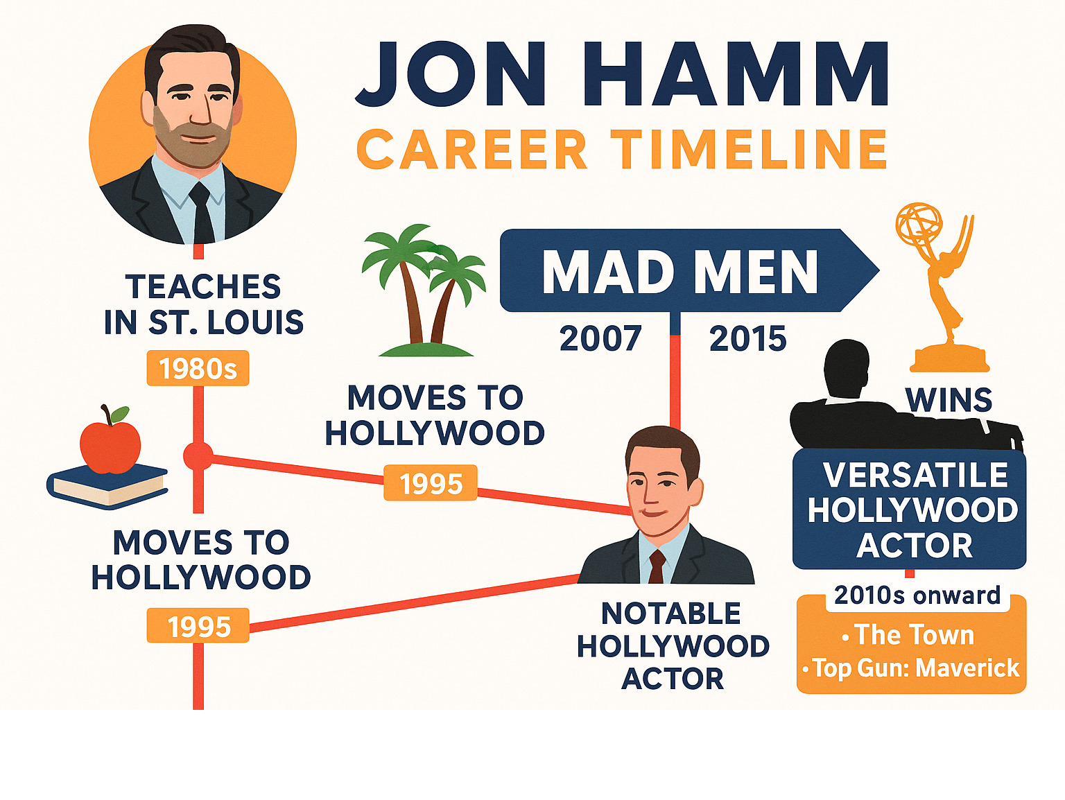 Jon Hamm career timeline infographic showing his progression from St. Louis teacher to Mad Men star to versatile Hollywood actor with key milestones, awards, and notable roles - jon hamm infographic Jon Hamm career timeline infographic showing his progression from St. Louis teacher to Mad Men star to versatile Hollywood actor with key milestones, awards, and notable roles - jon hamm infographic