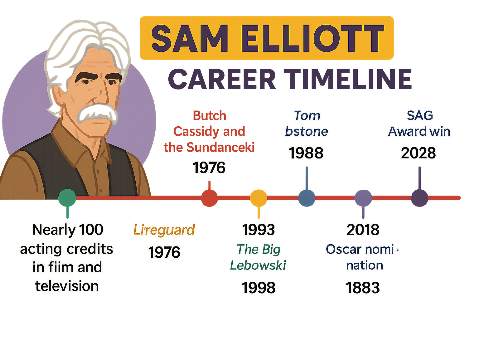 Infographic showing Sam Elliott's career timeline from 1966 to 2024, featuring major milestones including his debut in Butch Cassidy and the Sundance Kid (1969), breakthrough in Lifeguard (1976), iconic roles in Tombstone (1993) and The Big Lebowski (1998), Oscar nomination for A Star Is Born (2018), and SAG Award win for 1883 (2022), along with his nearly 100 acting credits across film and television - sam elliott infographic Infographic showing Sam Elliott's career timeline from 1966 to 2024, featuring major milestones including his debut in Butch Cassidy and the Sundance Kid (1969), breakthrough in Lifeguard (1976), iconic roles in Tombstone (1993) and The Big Lebowski (1998), Oscar nomination for A Star Is Born (2018), and SAG Award win for 1883 (2022), along with his nearly 100 acting credits across film and television - sam elliott infographic