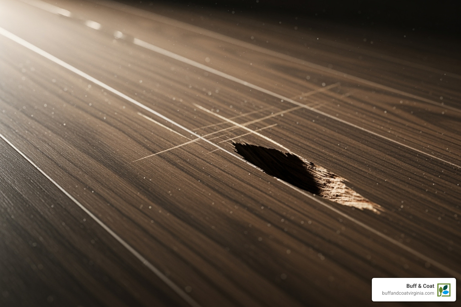 Close-up comparison of a light surface scratch versus a deep gouge on a wood floor - Fix Scratched Wood Floors Close-up comparison of a light surface scratch versus a deep gouge on a wood floor - Fix Scratched Wood Floors